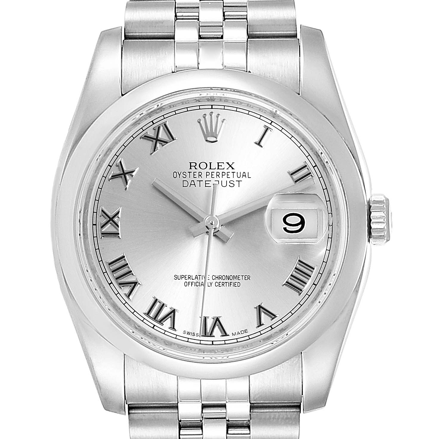 The image shows a front view of a Rolex Datejust 116200 Men's Stainless Steel Silver Dial 116200 Men's Stainless Steel Silver Dial watch, highlighting its silver dial, Roman numerals, and date window.