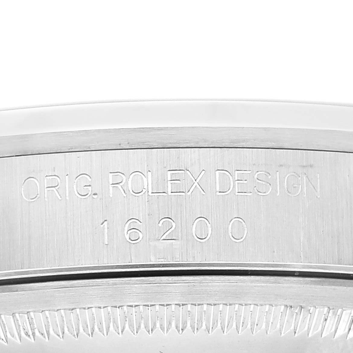This image shows a close-up of the case's edge and the model number "16200" of the Rolex Datejust 16200 Men's Stainless Steel Silver Dial 16200 Men's Stainless Steel Silver Dial watch.