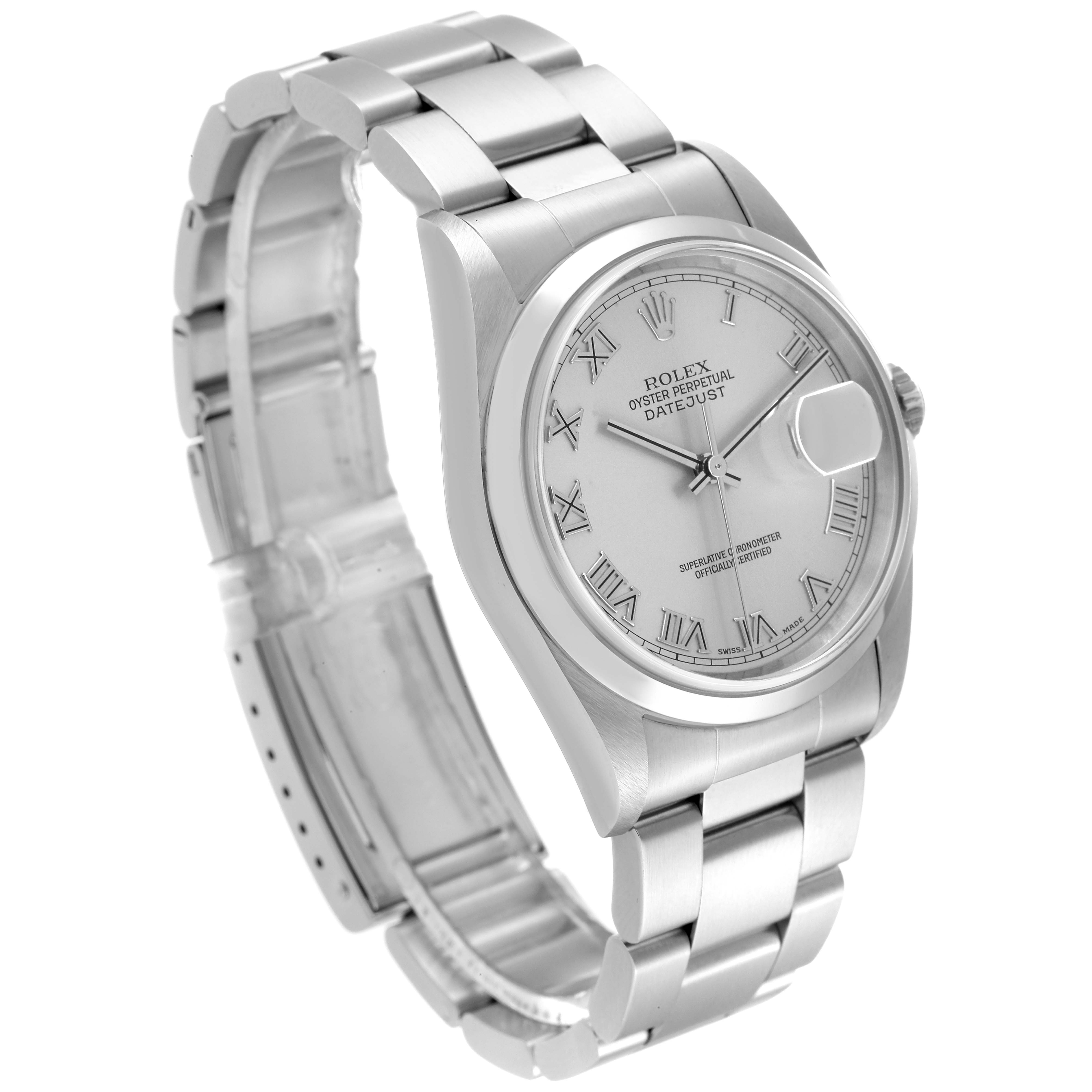 This image shows a side view of the Rolex Datejust 16200 Men's Stainless Steel Silver Dial 16200 Men's Stainless Steel Silver Dial watch, including its case, bracelet, crown, and partially open clasp.