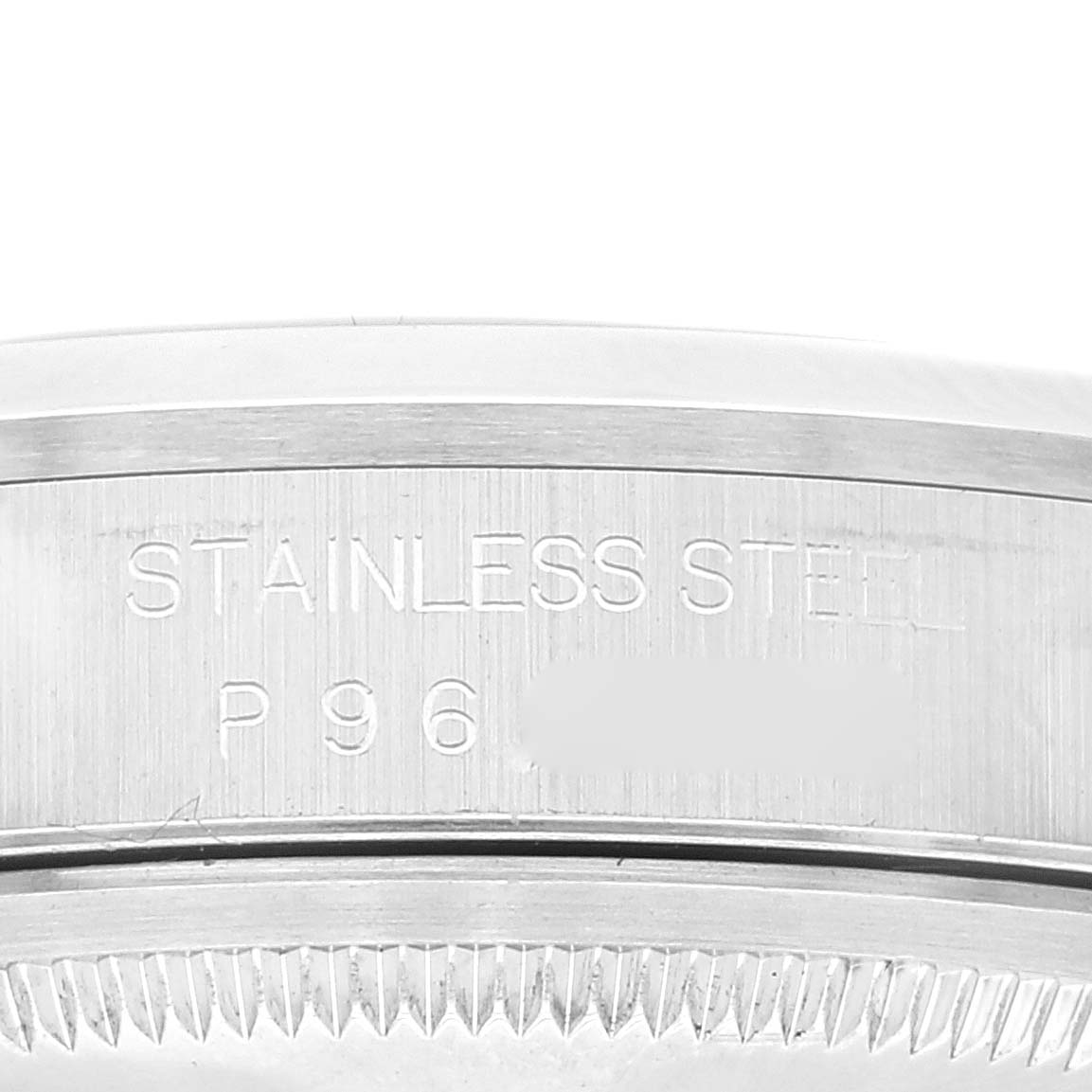 The image shows a close-up of the case side and the fluted bezel of a Rolex Datejust 16200 Men's Stainless Steel Silver Dial 16200 Men's Stainless Steel Silver Dial watch, with "STAINLESS STEEL" engraved.