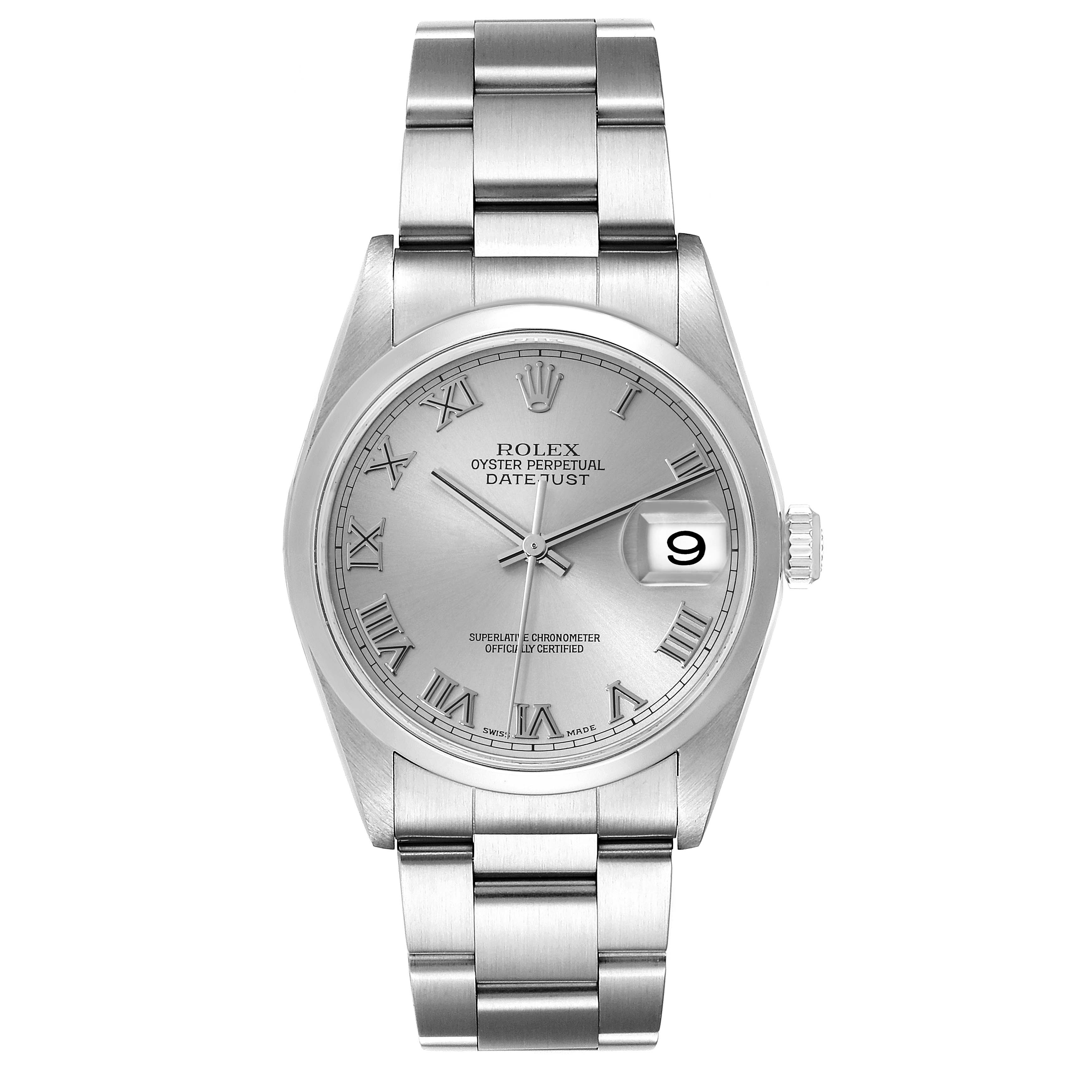 This image displays a front view of a Rolex Datejust 16200 Men's Stainless Steel Silver Dial 16200 Men's Stainless Steel Silver Dial watch, showing its face, bezel, bracelet, and crown.