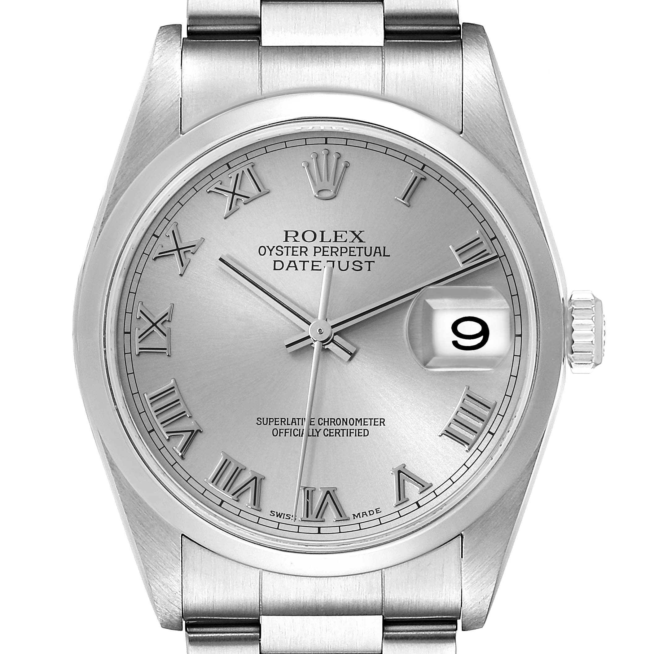 This image shows a frontal view of a Rolex Datejust 16200 Men's Stainless Steel Silver Dial 16200 Men's Stainless Steel Silver Dial watch, displaying its dial, Roman numeral markers, hands, and date window.