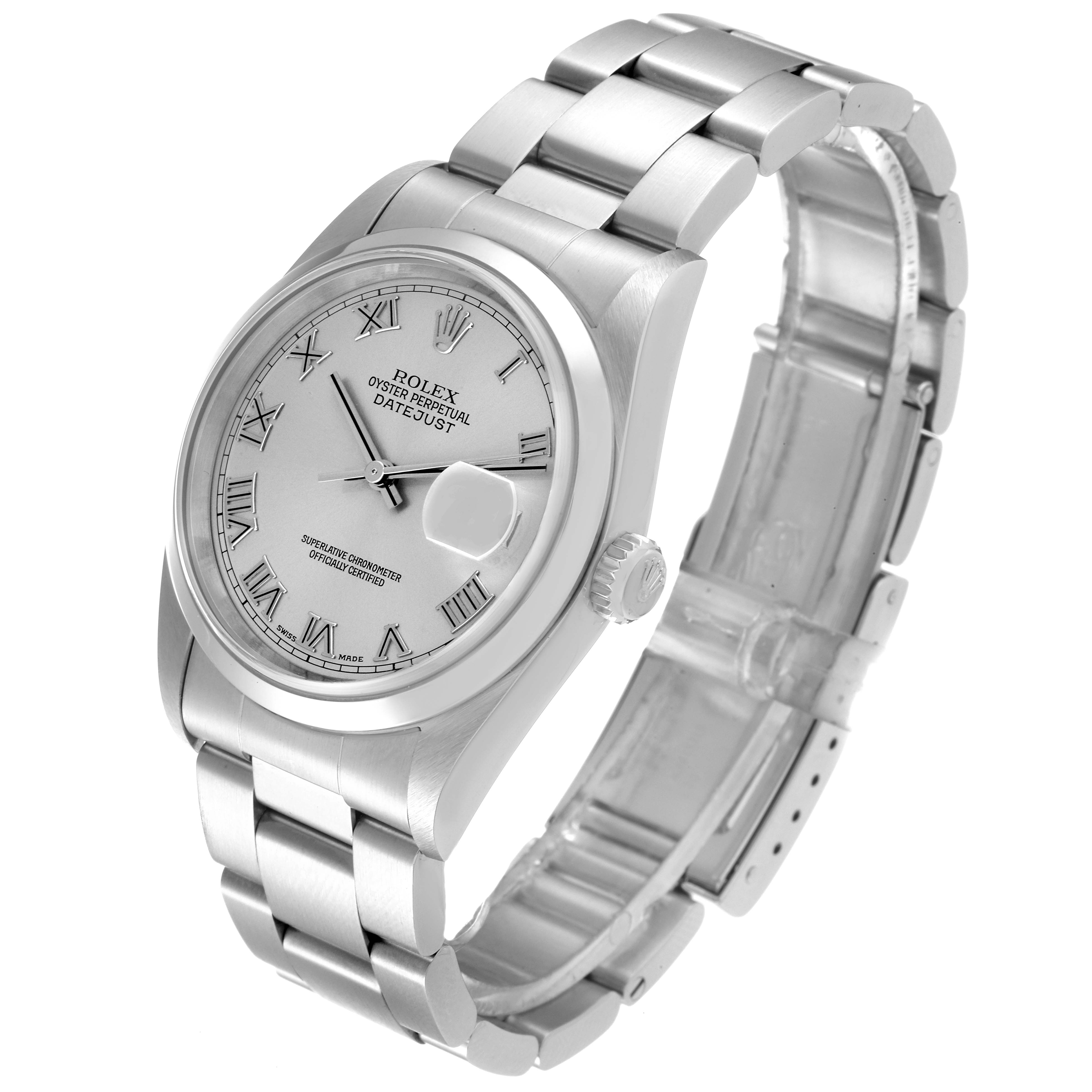 The image shows a Rolex Datejust 16200 Men's Stainless Steel Silver Dial 16200 Men's Stainless Steel Silver Dial watch angled to display the face, bezel, crown, and part of the bracelet.
