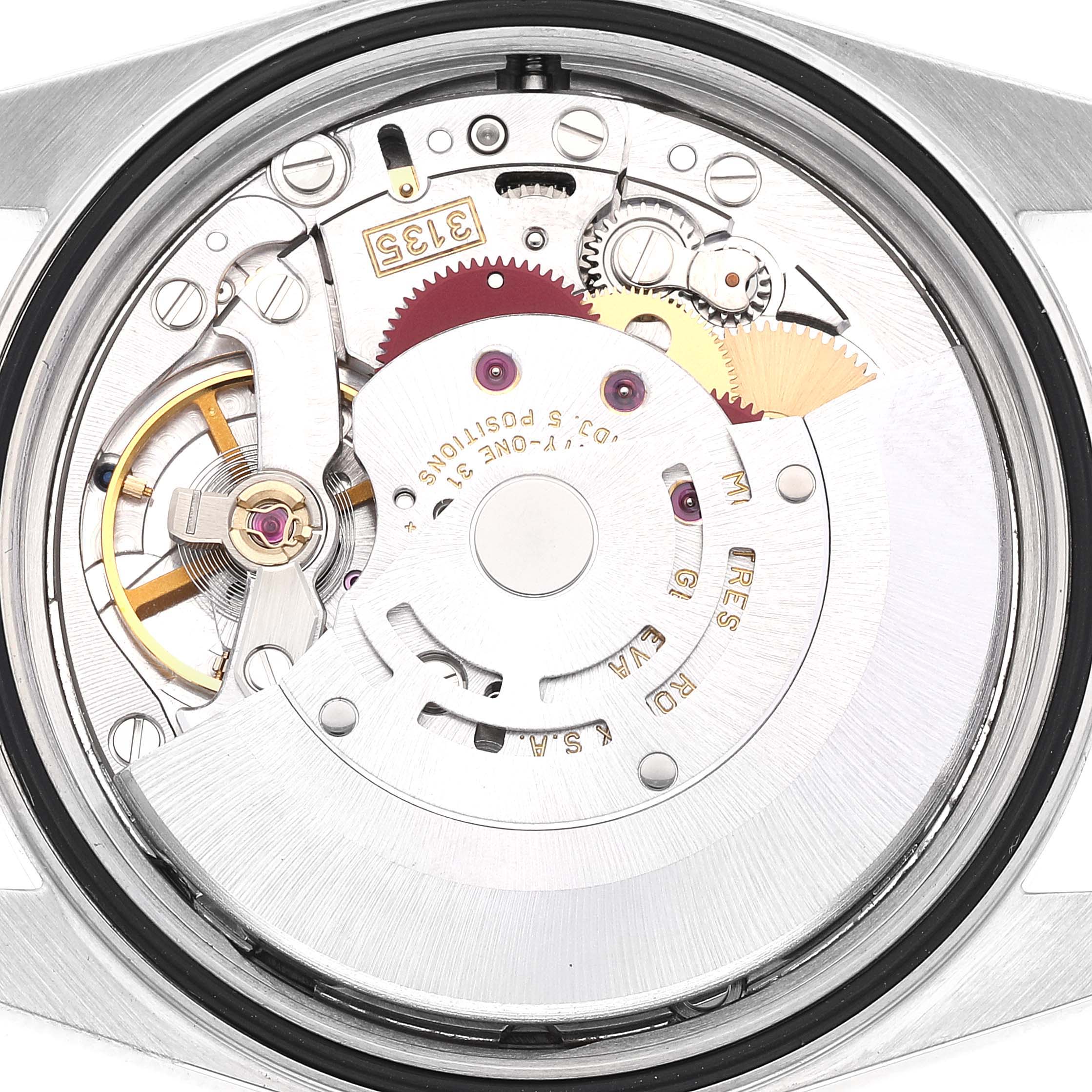 The image shows the internal movement components of a Rolex Datejust 16200 Men's Stainless Steel Silver Dial 16200 Men's Stainless Steel Silver Dial watch from the back view.