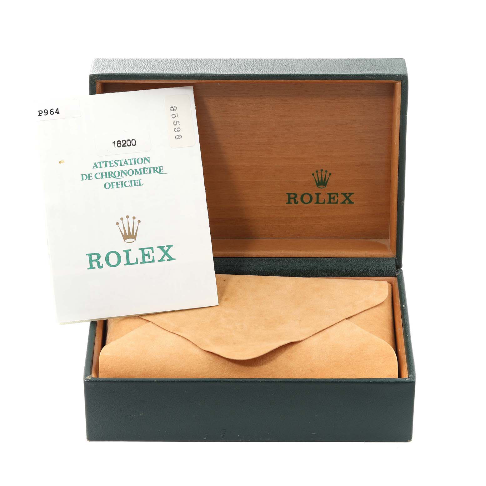 The image shows a Rolex Datejust 16200 Men's Stainless Steel Silver Dial 16200 Men's Stainless Steel Silver Dial box, warranty card, and envelope, viewed from a front angle with the lid open.