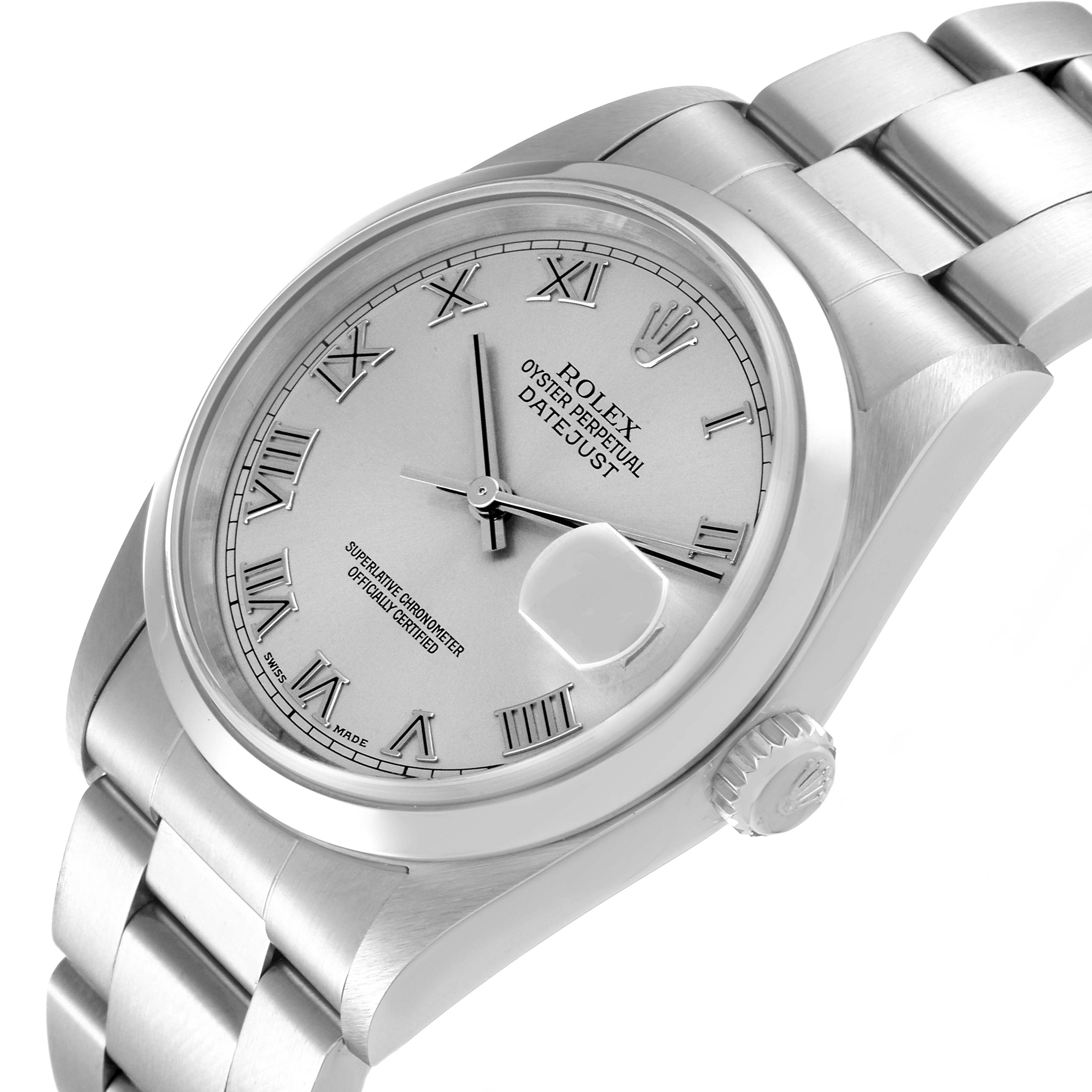 The image shows a Rolex Datejust 16200 Men's Stainless Steel Silver Dial 16200 Men's Stainless Steel Silver Dial watch from a side angle, highlighting the dial, date magnifier, bezel, crown, and part of the bracelet.
