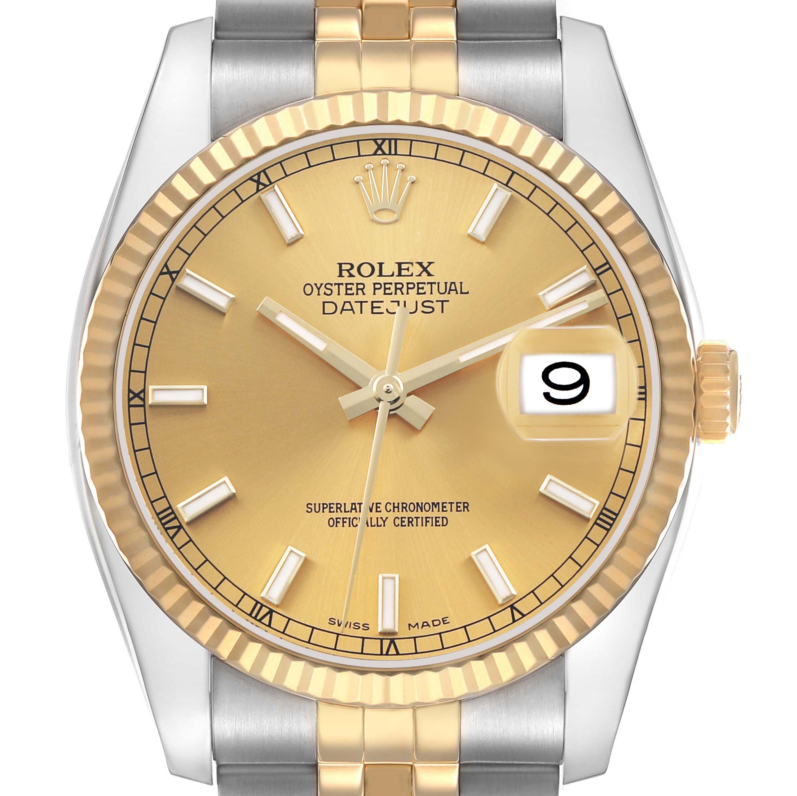 This Rolex Datejust 116233 Men's Stainless Steel Champagne Dial watch is shown from a top view, highlighting its gold dial and fluted bezel.
