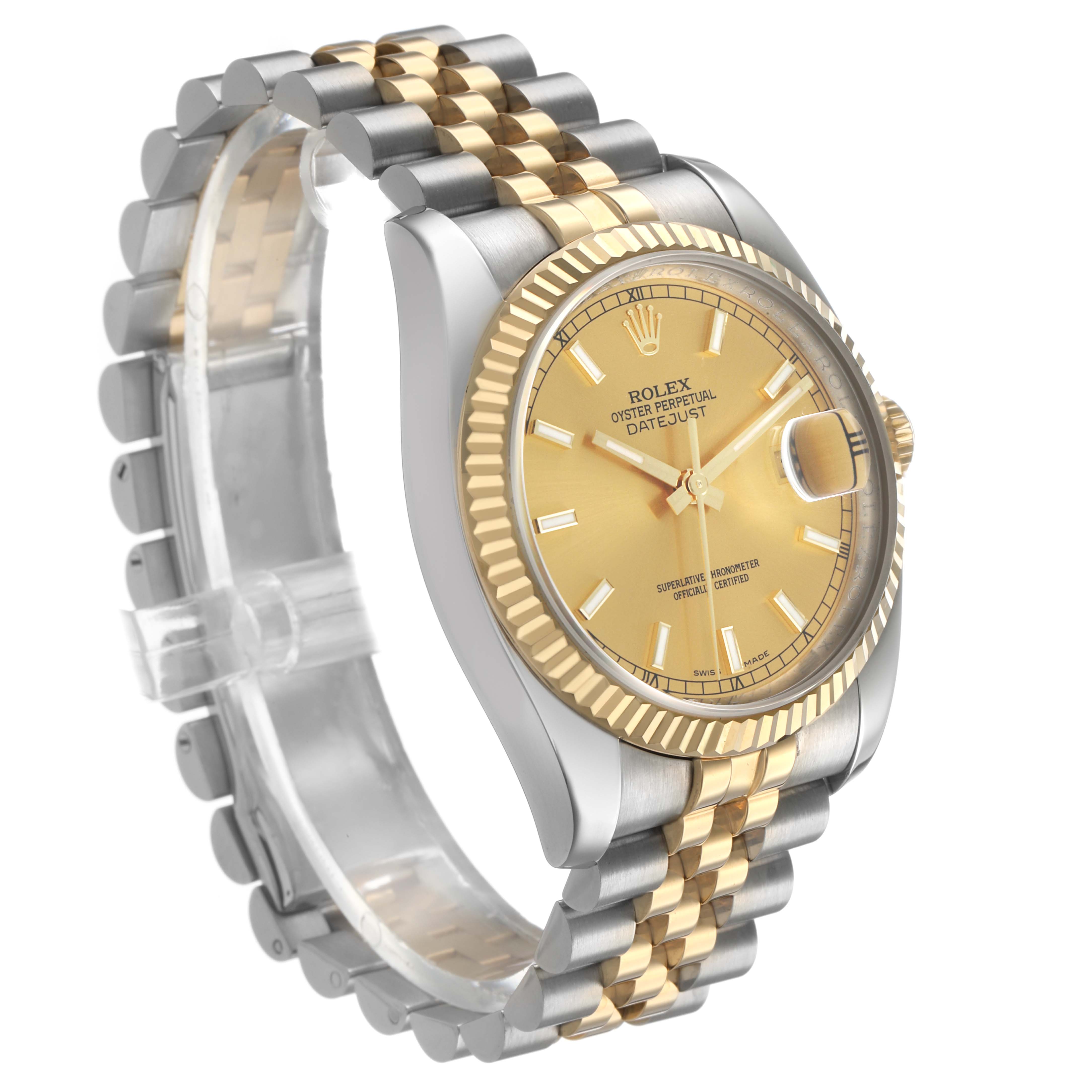 The Rolex Datejust 116233 Men's Stainless Steel Champagne Dial is shown at a three-quarter angle, highlighting the dial, bezel, and two-tone bracelet.
