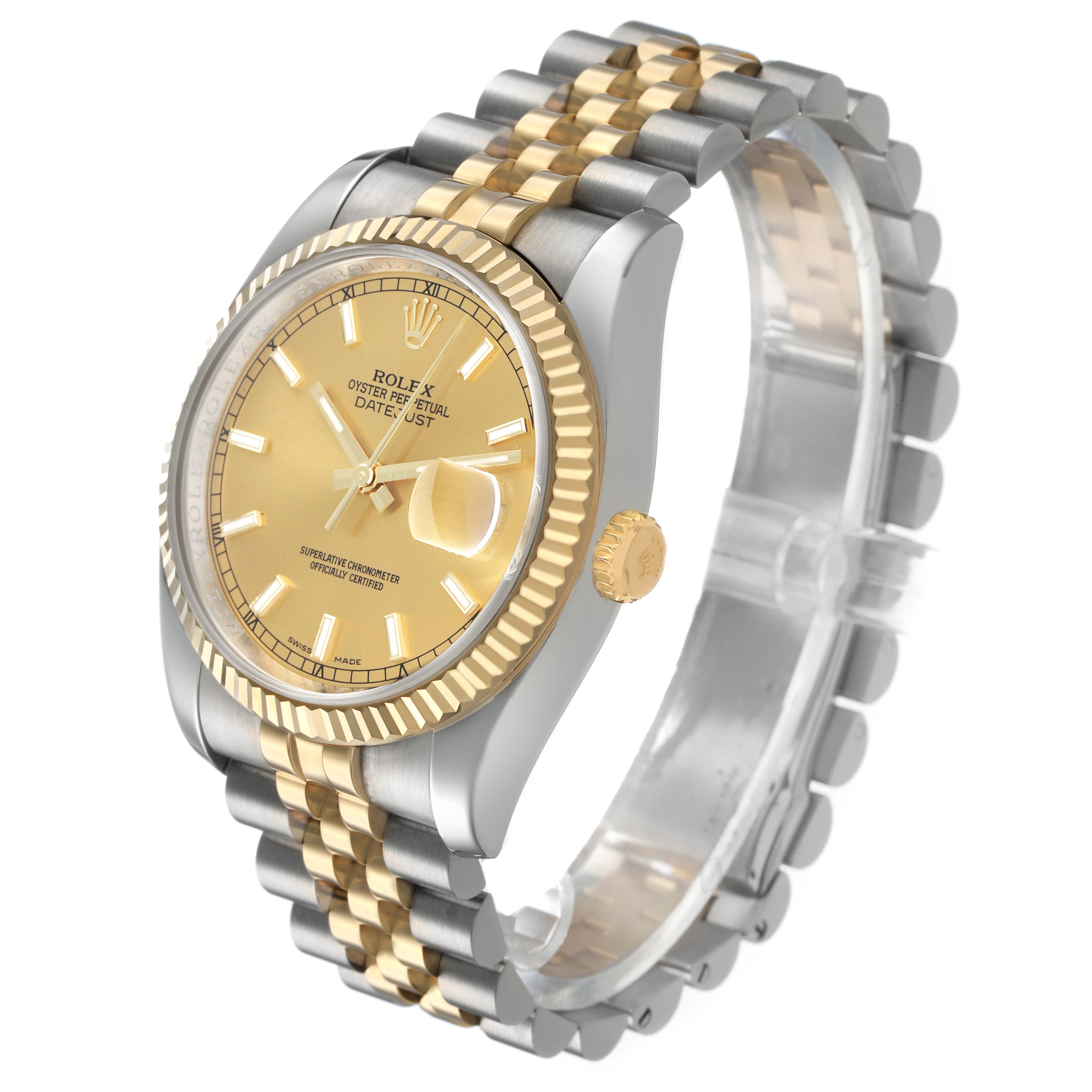 The Rolex Datejust 116233 Men's Stainless Steel Champagne Dial watch is shown at a three-quarter angle, highlighting the gold and silver bracelet, bezel, and dial.