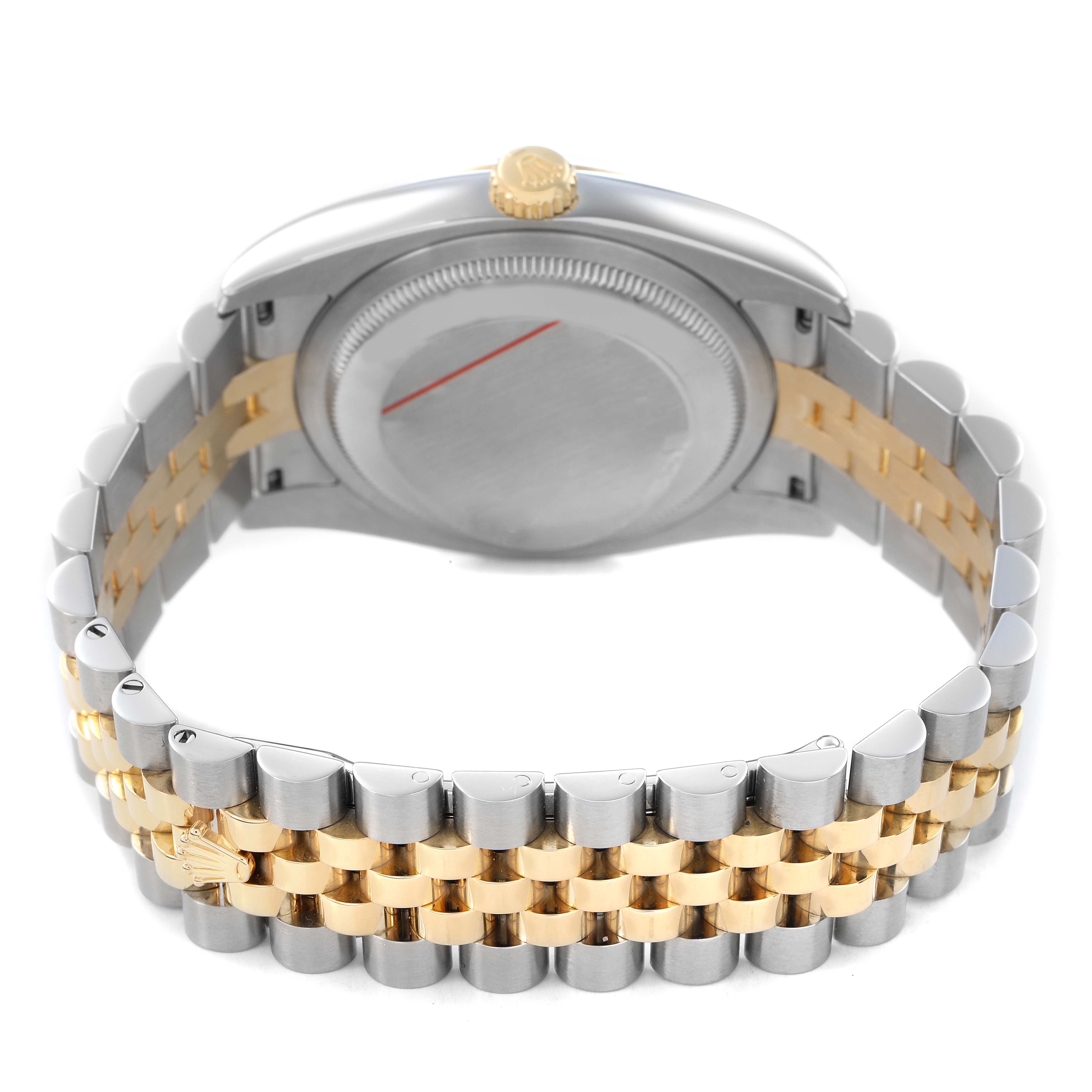 The image shows the back and bracelet of a Rolex Datejust 116233 Men's Stainless Steel Champagne Dial, highlighting its two-tone metal and crown.