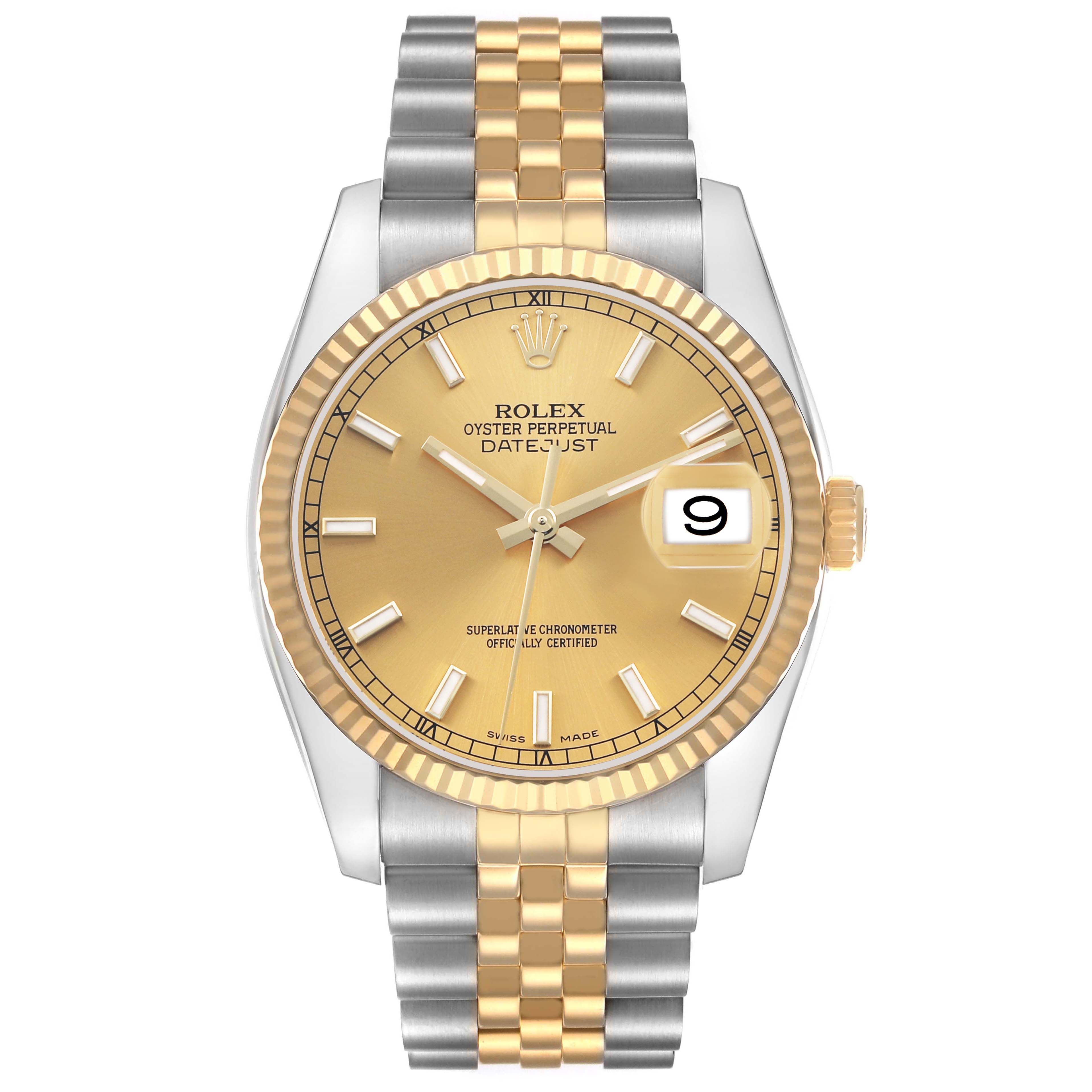 The Rolex Datejust 116233 Men's Stainless Steel Champagne Dial watch is shown from the front, displaying its two-tone bracelet and a detailed view of the face and date.