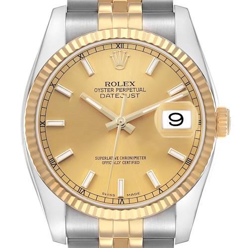 The Rolex Datejust 116233 Men's Stainless Steel Champagne Dial watch is shown from the front, highlighting the dial, date window, bezel, and part of the bracelet.