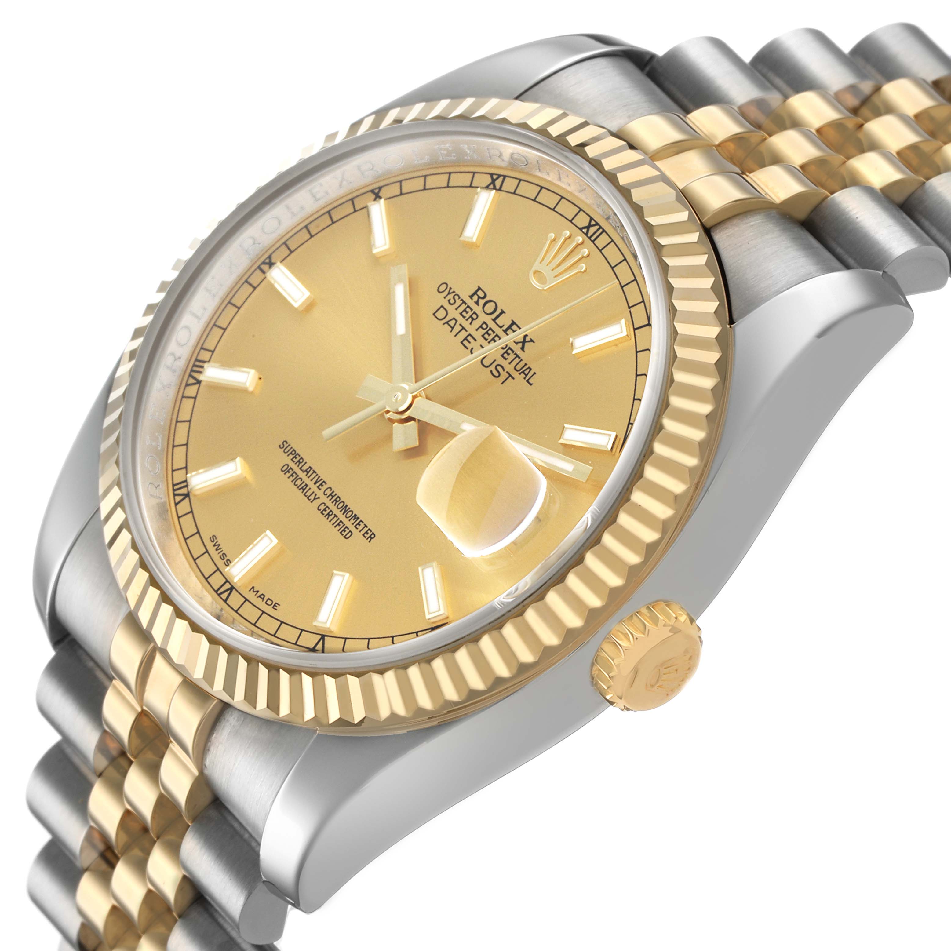 The Rolex Datejust 116233 Men's Stainless Steel Champagne Dial watch is shown at a side angle, highlighting the gold dial, fluted bezel, crown, and two-tone bracelet.