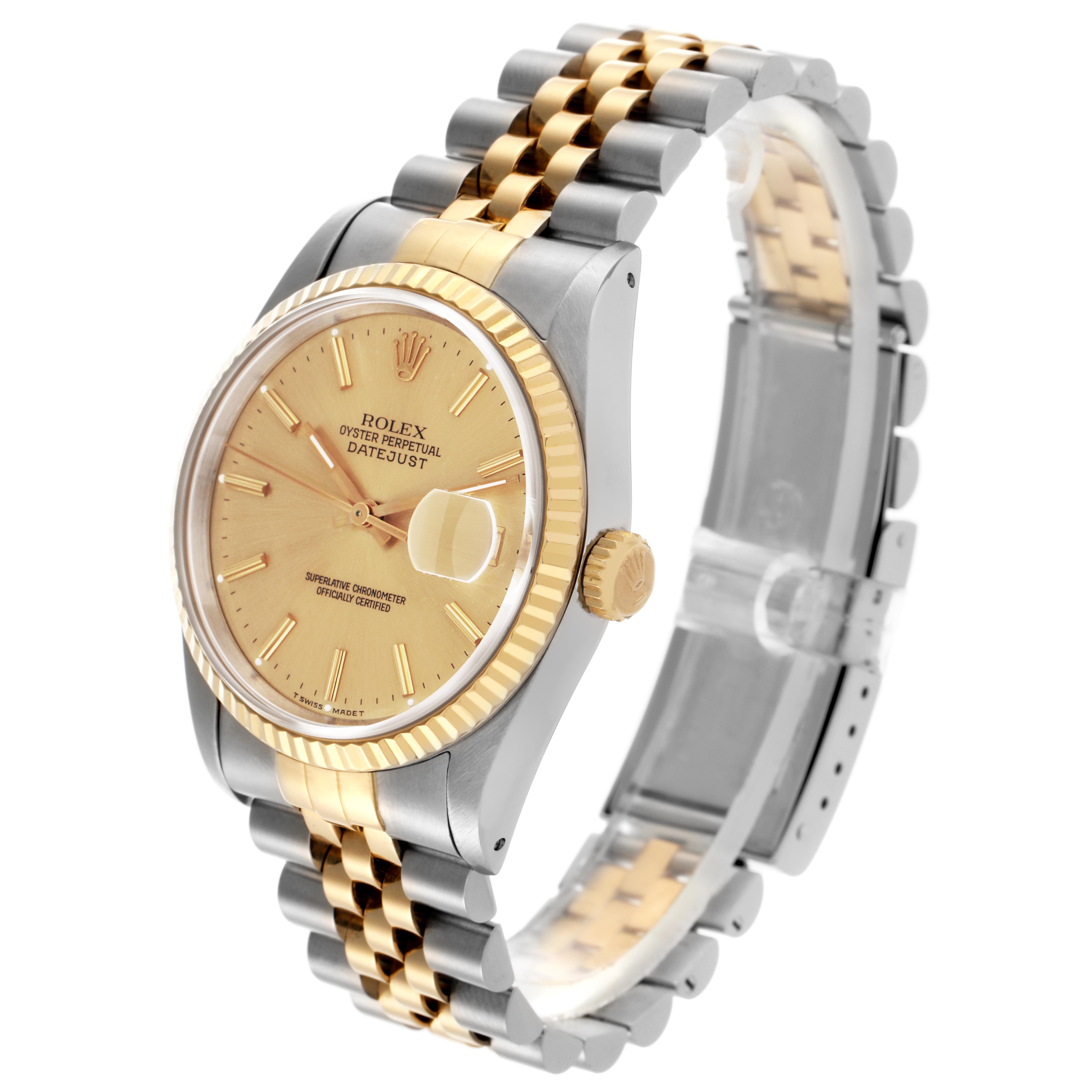 The Rolex Datejust 16233 Men's Steel and Gold (two tone) Champagne Dial 16233 Men's Steel and Gold (two tone) Champagne Dial watch is shown at an angled side view, displaying the bezel, dial, crown, and bracelet.