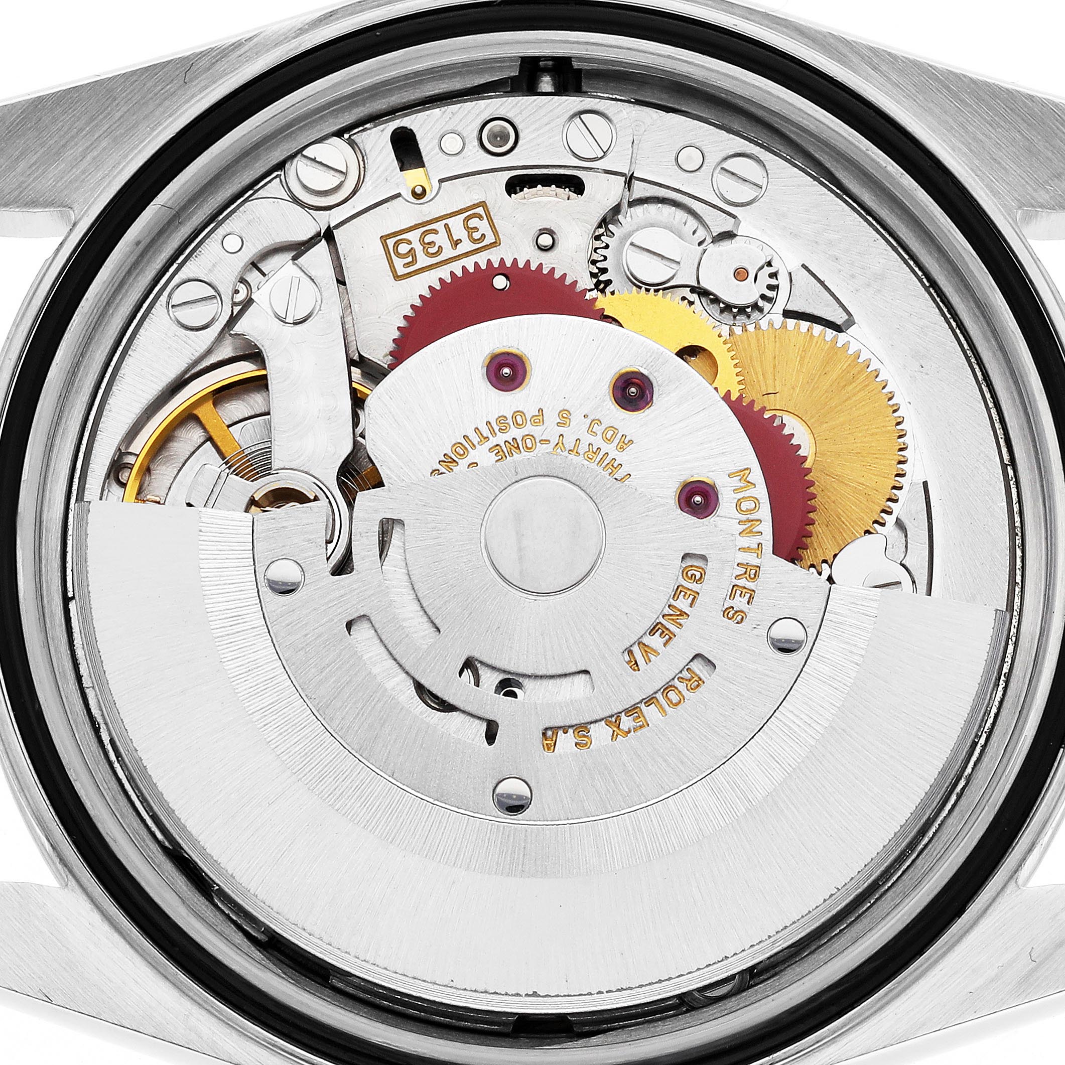 The image shows the movement mechanism of a Rolex Datejust 16233 Men's Steel and Gold (two tone) Champagne Dial 16233 Men's Steel and Gold (two tone) Champagne Dial, viewed from the back.