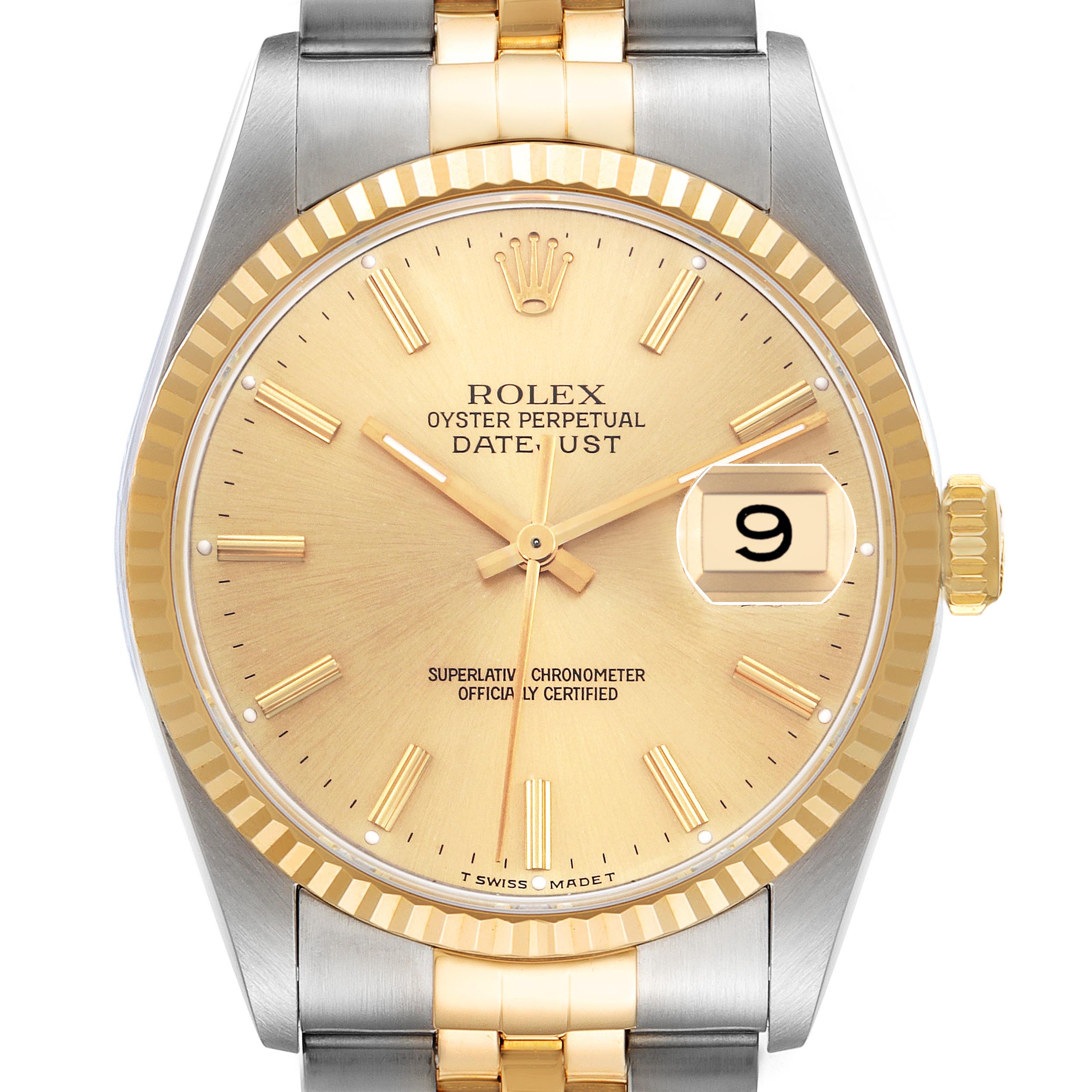 The Rolex Datejust 16233 Men's Steel and Gold (two tone) Champagne Dial 16233 Men's Steel and Gold (two tone) Champagne Dial watch is shown front-on, highlighting the dial, date, bezel, and part of the bracelet.