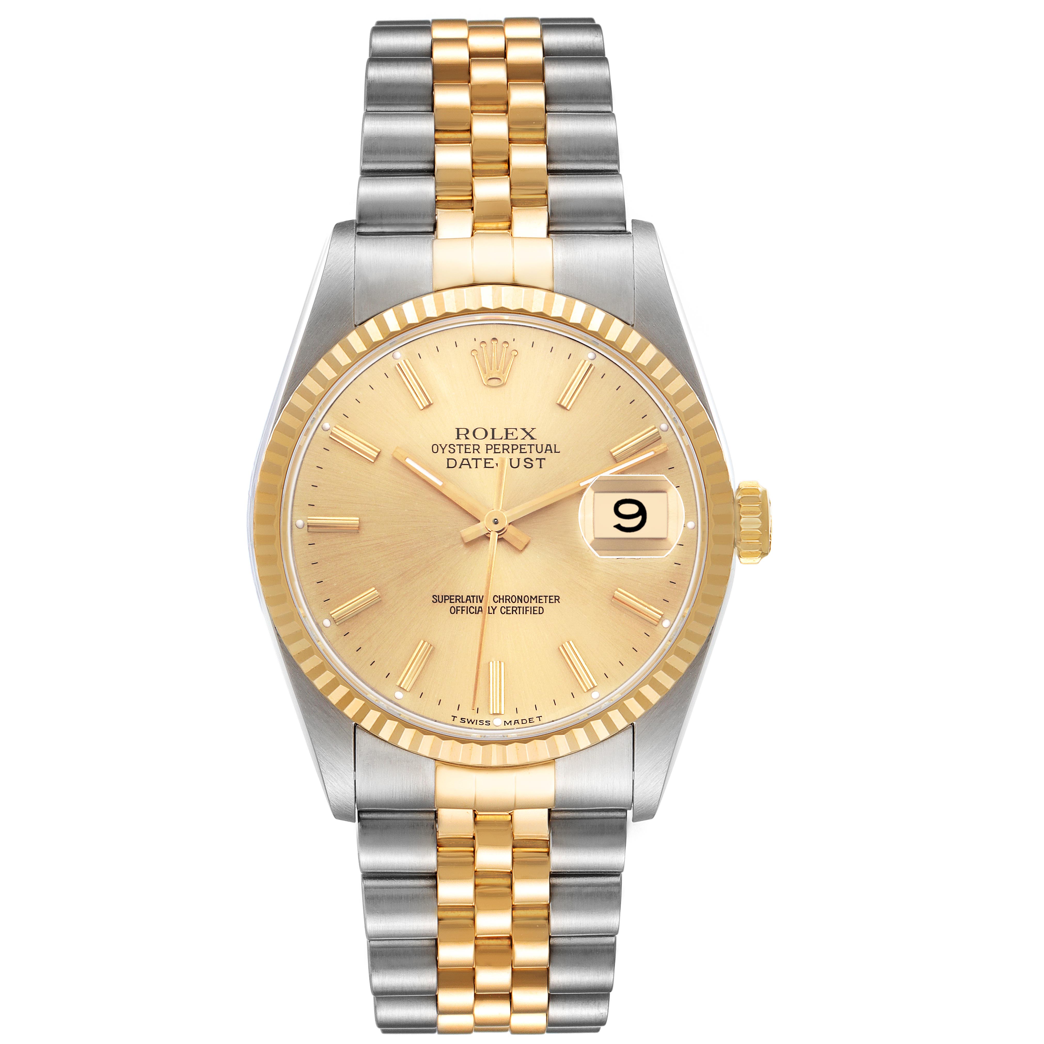 The Rolex Datejust 16233 Men's Steel and Gold (two tone) Champagne Dial 16233 Men's Steel and Gold (two tone) Champagne Dial watch is shown from a front angle, displaying the gold dial, fluted bezel, and two-tone Jubilee bracelet.
