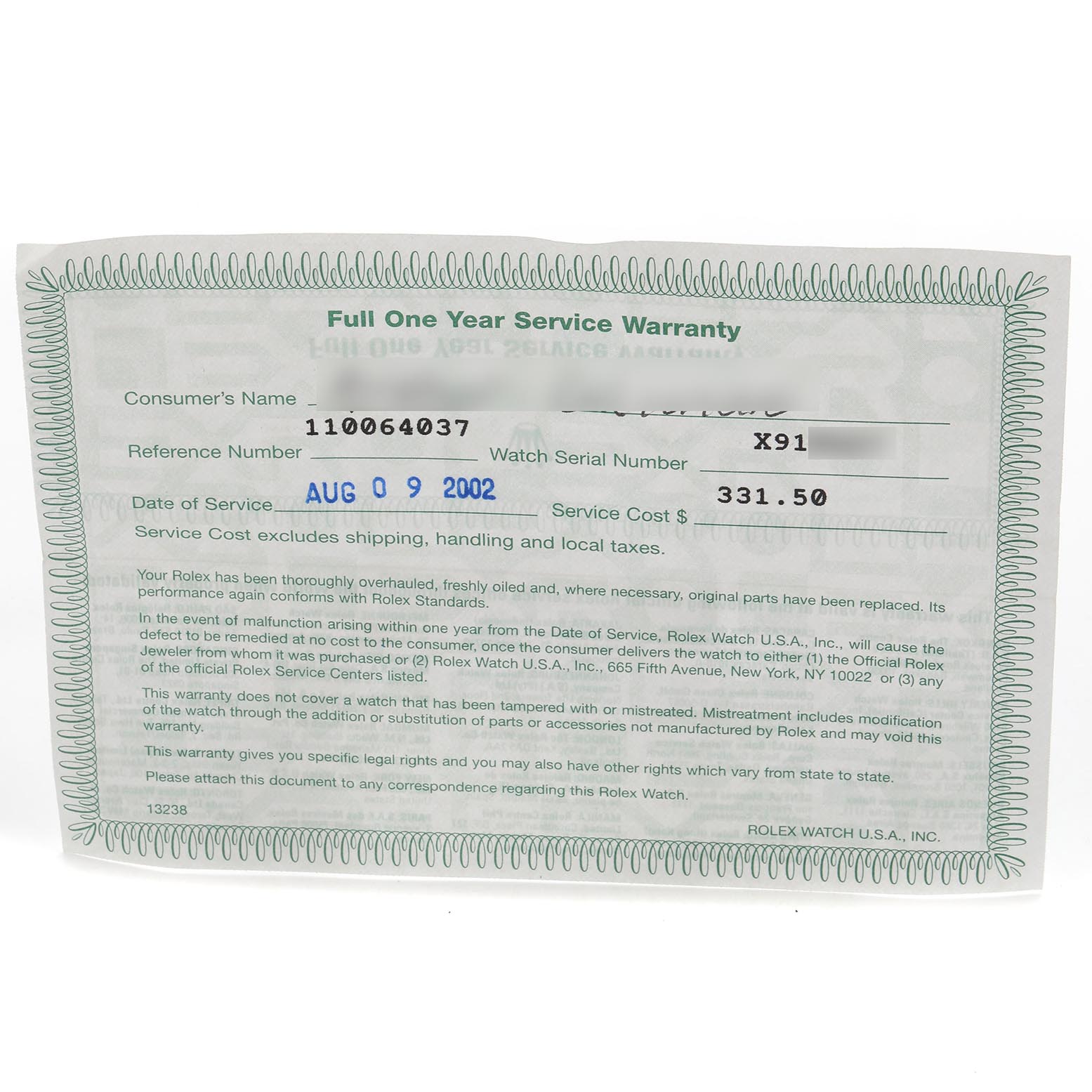 The image shows a Rolex Datejust 16233 Men's Steel and Gold (two tone) Champagne Dial 16233 Men's Steel and Gold (two tone) Champagne Dial service warranty document, displaying details like reference number and service cost.