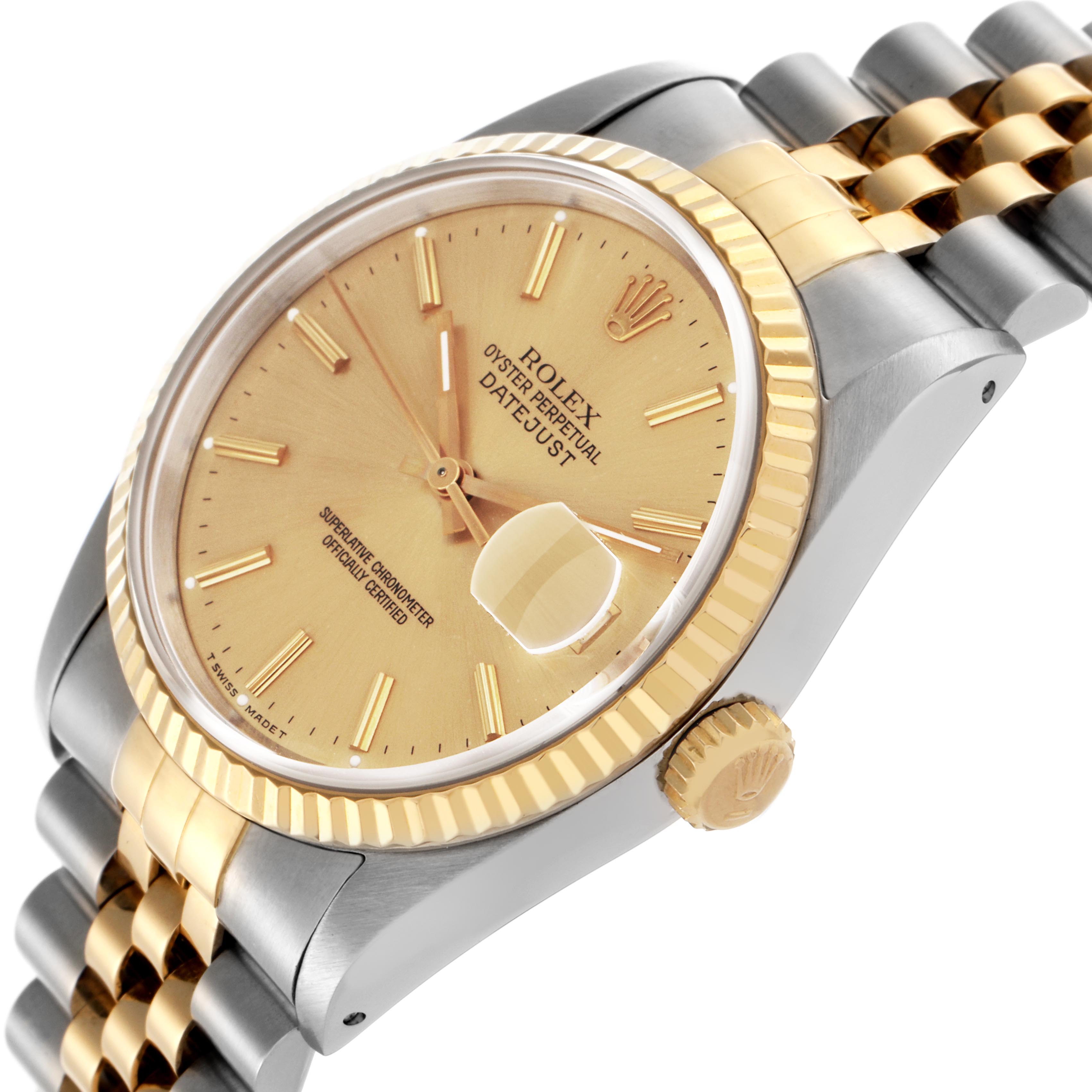 The Rolex Datejust 16233 Men's Steel and Gold (two tone) Champagne Dial 16233 Men's Steel and Gold (two tone) Champagne Dial watch is shown at an angle highlighting the face, bezel, crown, and part of the bracelet.
