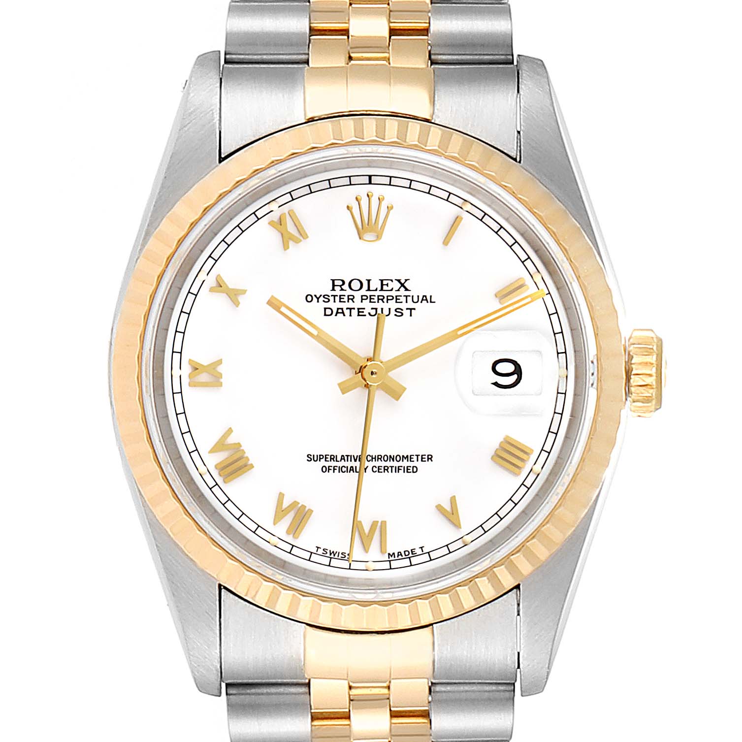 The image shows a front view of the Rolex Datejust 16233 Men
s Steel and Gold (two tone) White Dial 16233 Men
s Steel and Gold (two tone) White Dial watch, highlighting its white dial, gold Roman numerals, and two-tone bracelet.