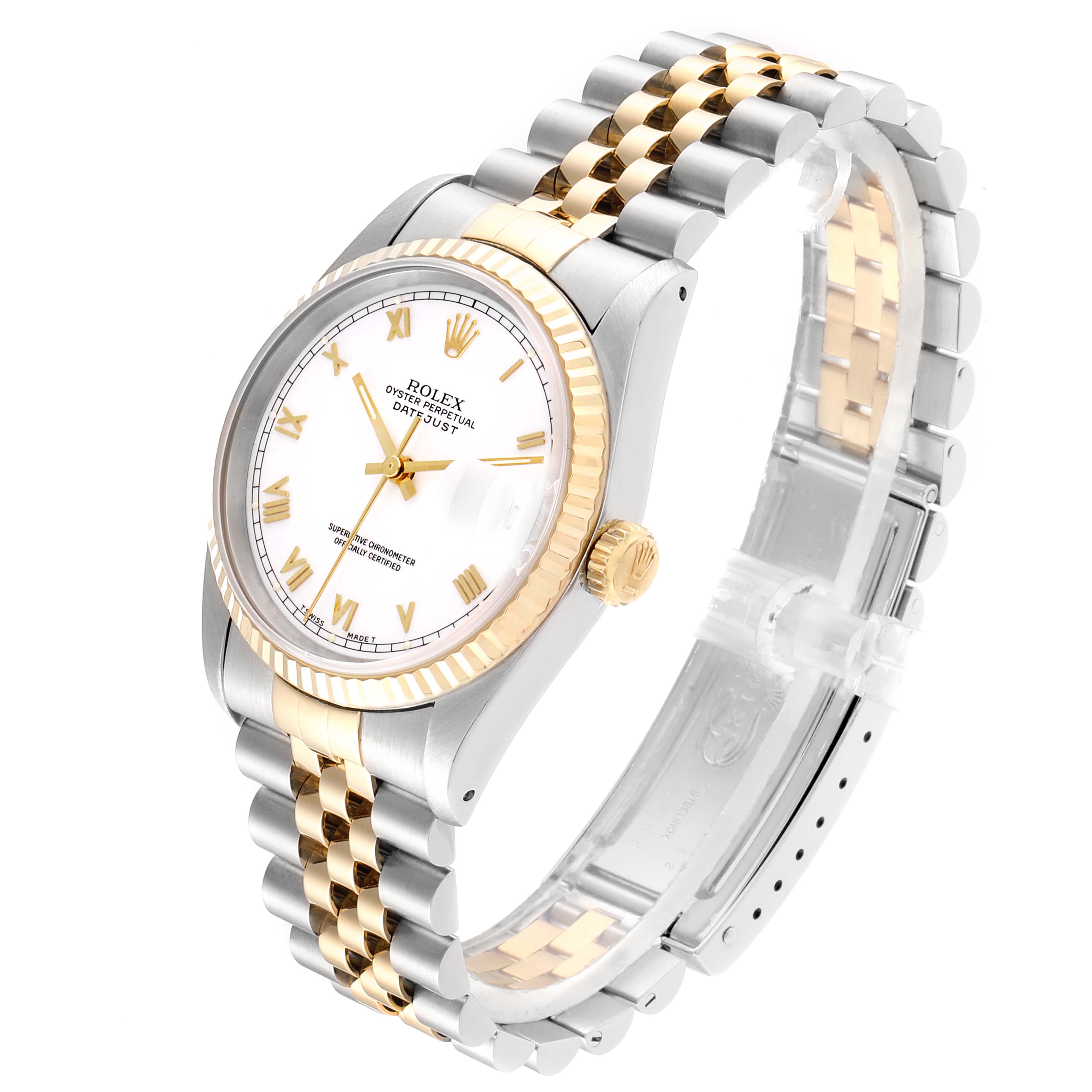 The Rolex Datejust 16233 Men
s Steel and Gold (two tone) White Dial 16233 Men
s Steel and Gold (two tone) White Dial watch is angled to show the face, bezel, crown, and two-tone bracelet.