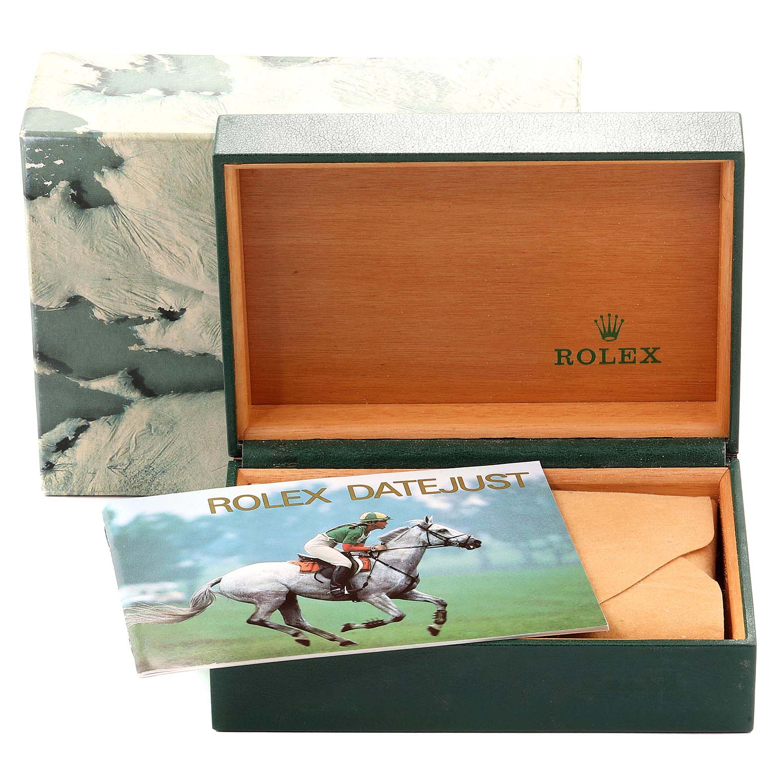The image shows the open box and manual of a Rolex Datejust 16233 Men
s Steel and Gold (two tone) White Dial 16233 Men
s Steel and Gold (two tone) White Dial watch, with the box interior and promotional booklet visible.