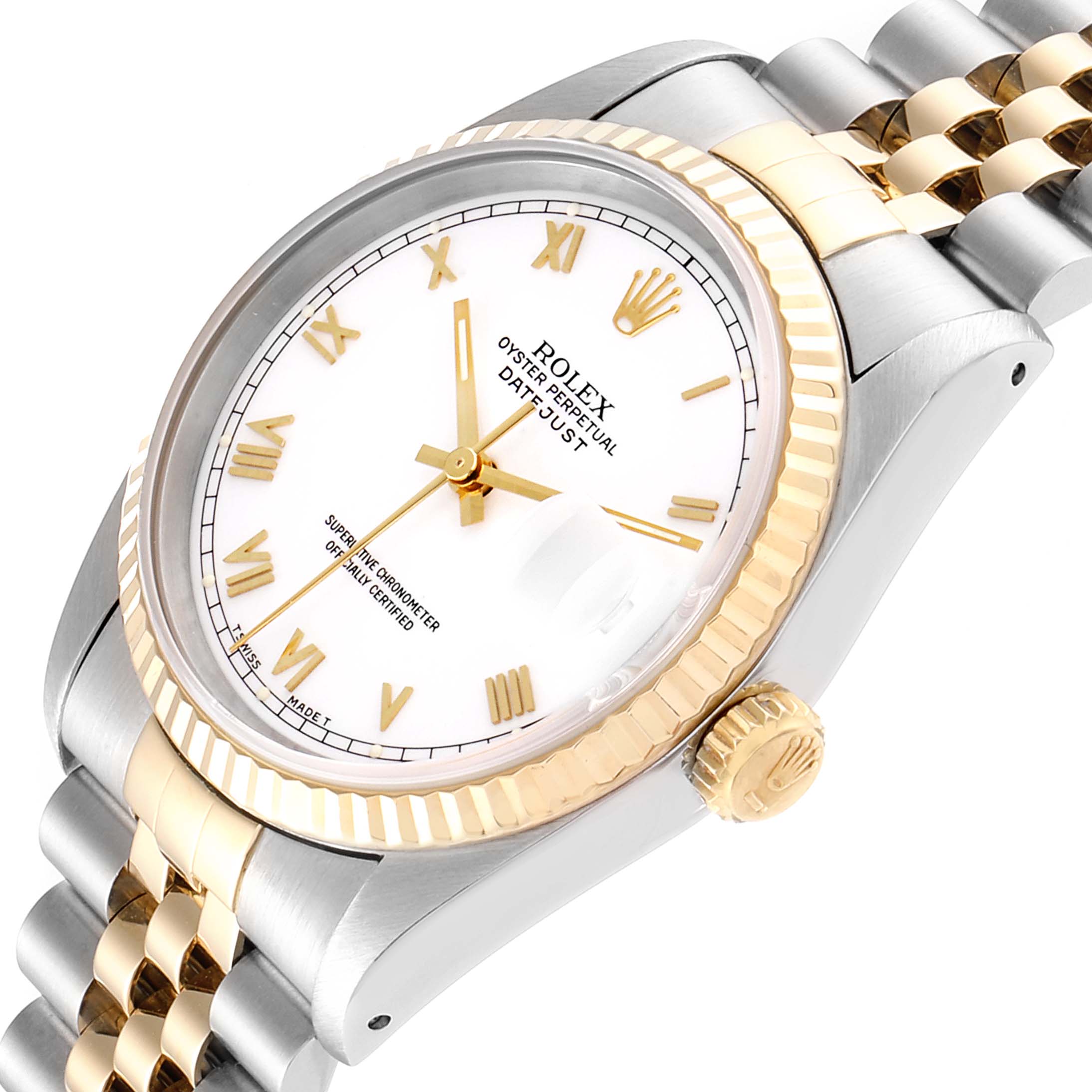 This image shows a close-up of the Rolex Datejust 16233 Men
s Steel and Gold (two tone) White Dial 16233 Men
s Steel and Gold (two tone) White Dial watch, highlighting the dial, bezel, and partial bracelet at an angled view.