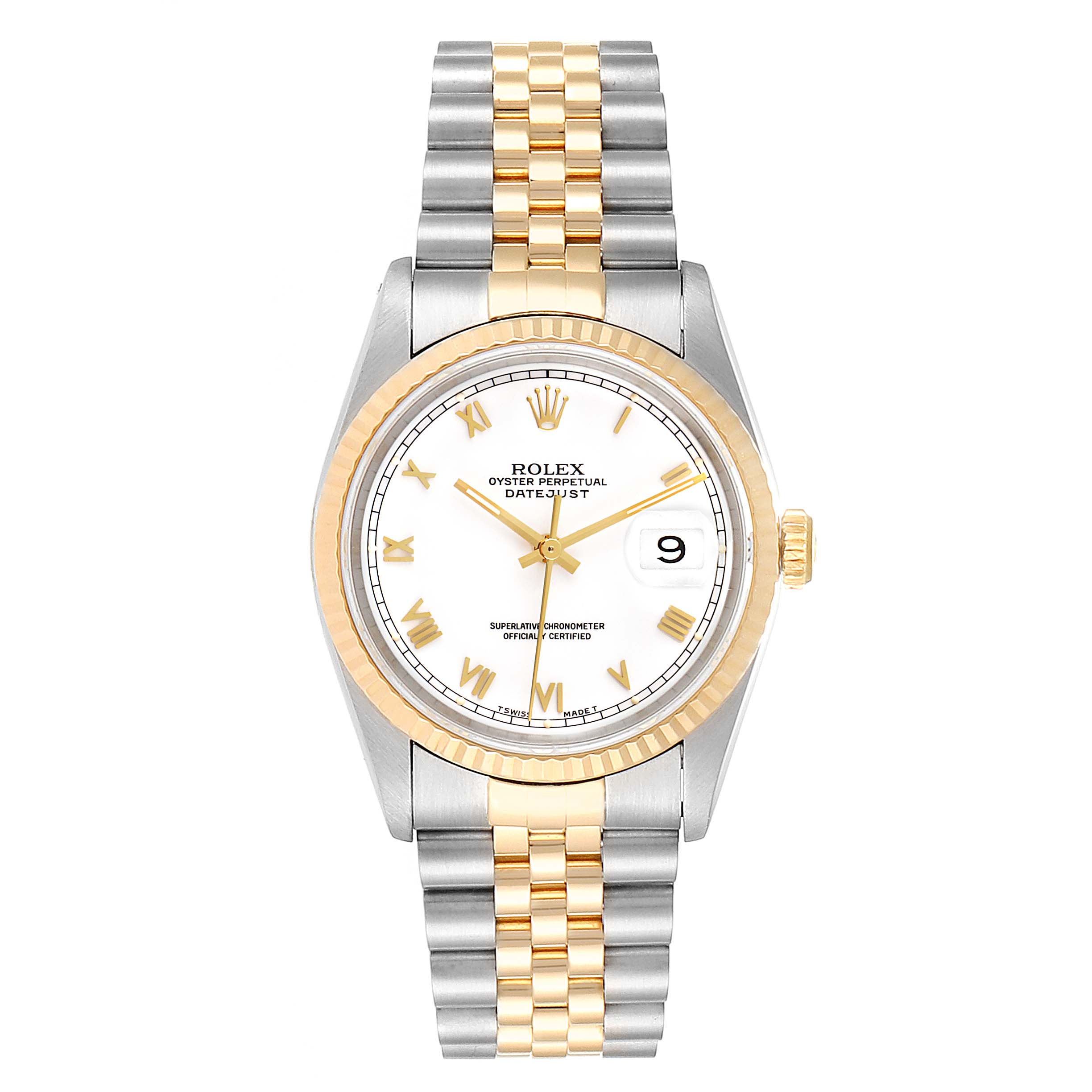 The image shows a front view of a Rolex Datejust 16233 Men
s Steel and Gold (two tone) White Dial 16233 Men
s Steel and Gold (two tone) White Dial watch, featuring a two-tone gold and stainless steel bracelet.