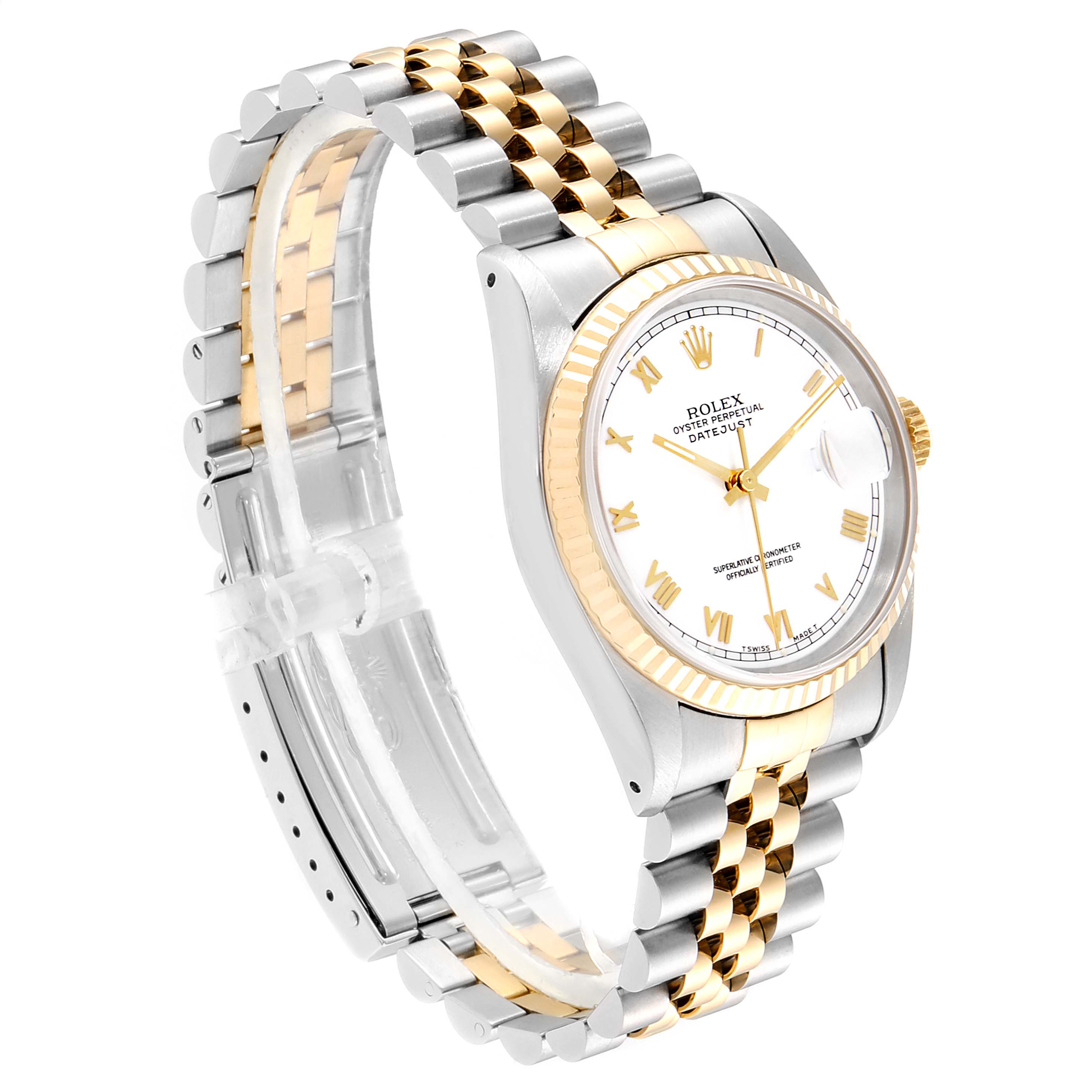 This Rolex Datejust 16233 Men
s Steel and Gold (two tone) White Dial 16233 Men
s Steel and Gold (two tone) White Dial watch is shown from an angled side view, highlighting its two-tone bracelet and white dial with Roman numeral markers.