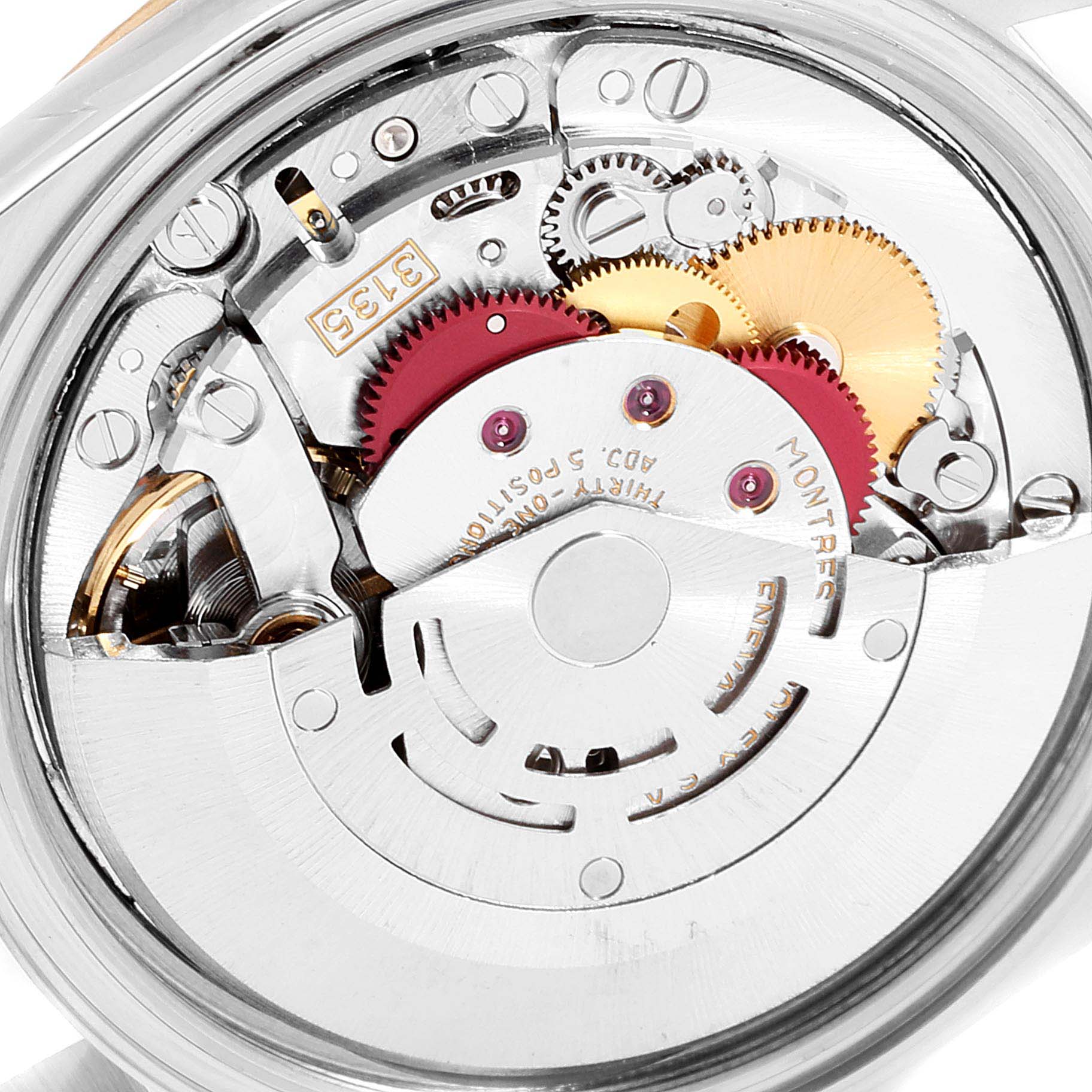 This image shows the internal mechanics and movement components of a Rolex Datejust 16233 Men
s Steel and Gold (two tone) White Dial 16233 Men
s Steel and Gold (two tone) White Dial watch.