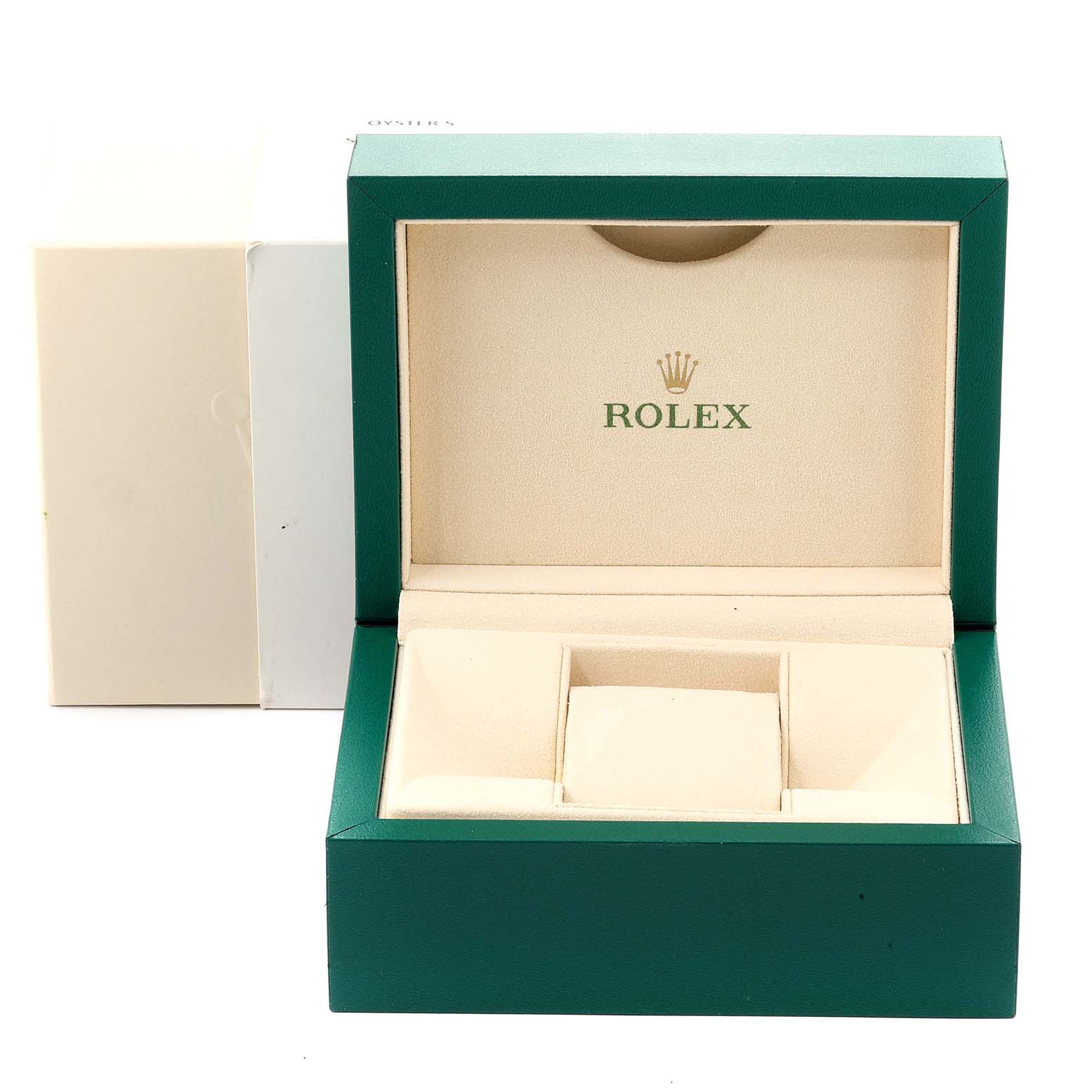 The image displays an open Rolex Datejust 41 126300 Men's Stainless Steel Blue Dial 126300 Men's Stainless Steel Blue Dial watch box at a front angle, showing its interior compartments.