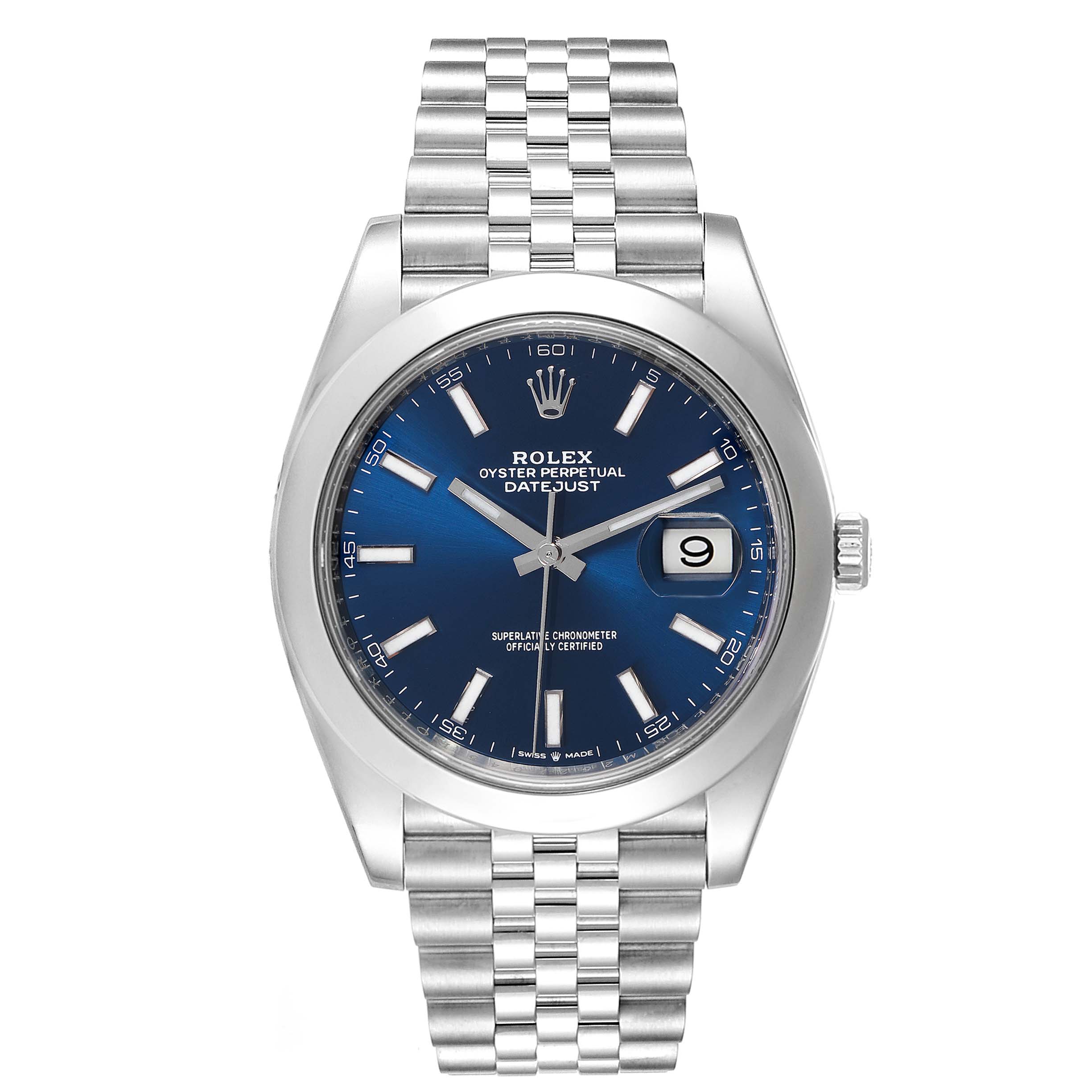 The Rolex Datejust 41 126300 Men's Stainless Steel Blue Dial 126300 Men's Stainless Steel Blue Dial is shown from a front angle, displaying the face, dial, date window, and part of the bracelet.