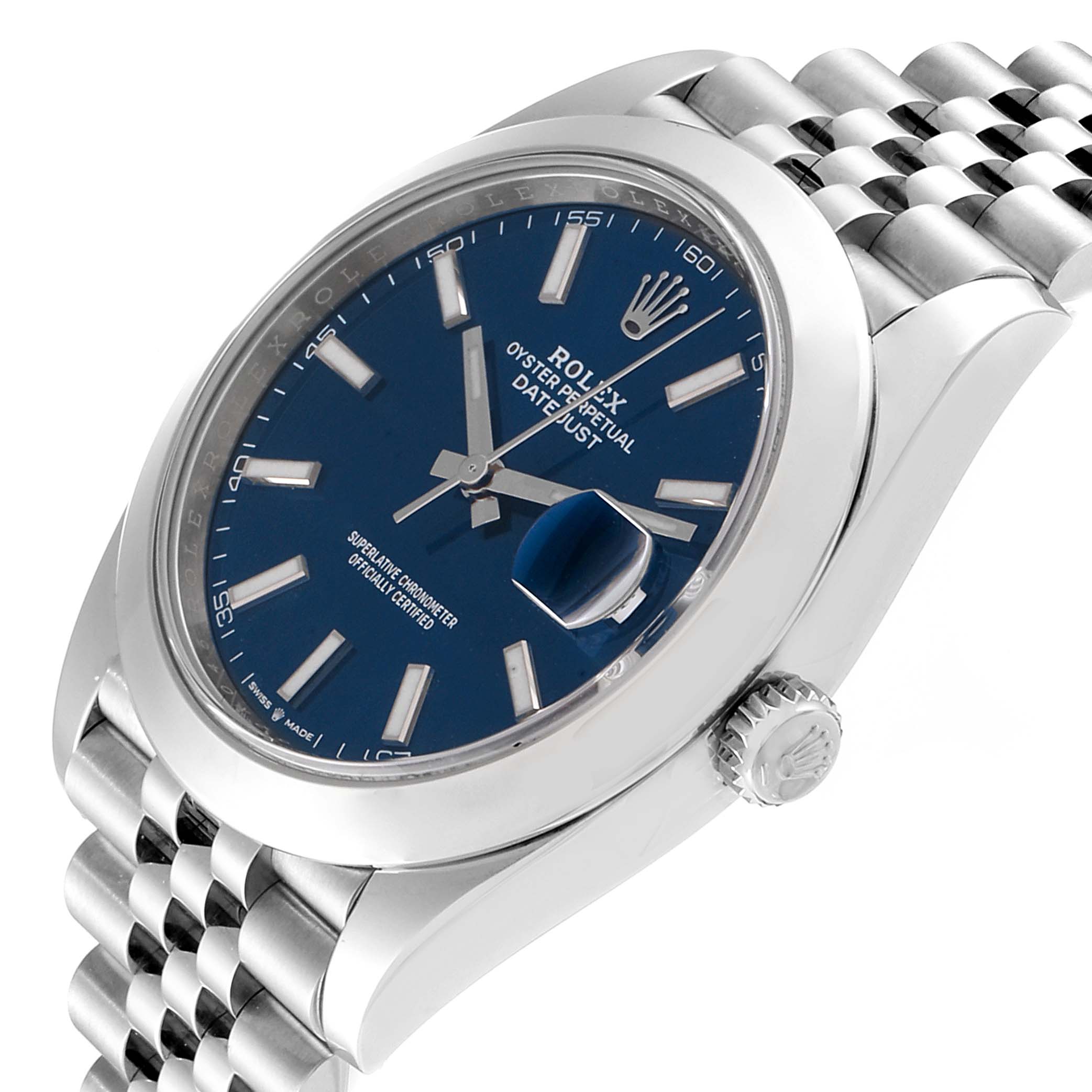 The image shows a Rolex Datejust 41 126300 Men's Stainless Steel Blue Dial 126300 Men's Stainless Steel Blue Dial watch with a blue dial, featuring the crown, bezel, and part of the bracelet from a side angle.
