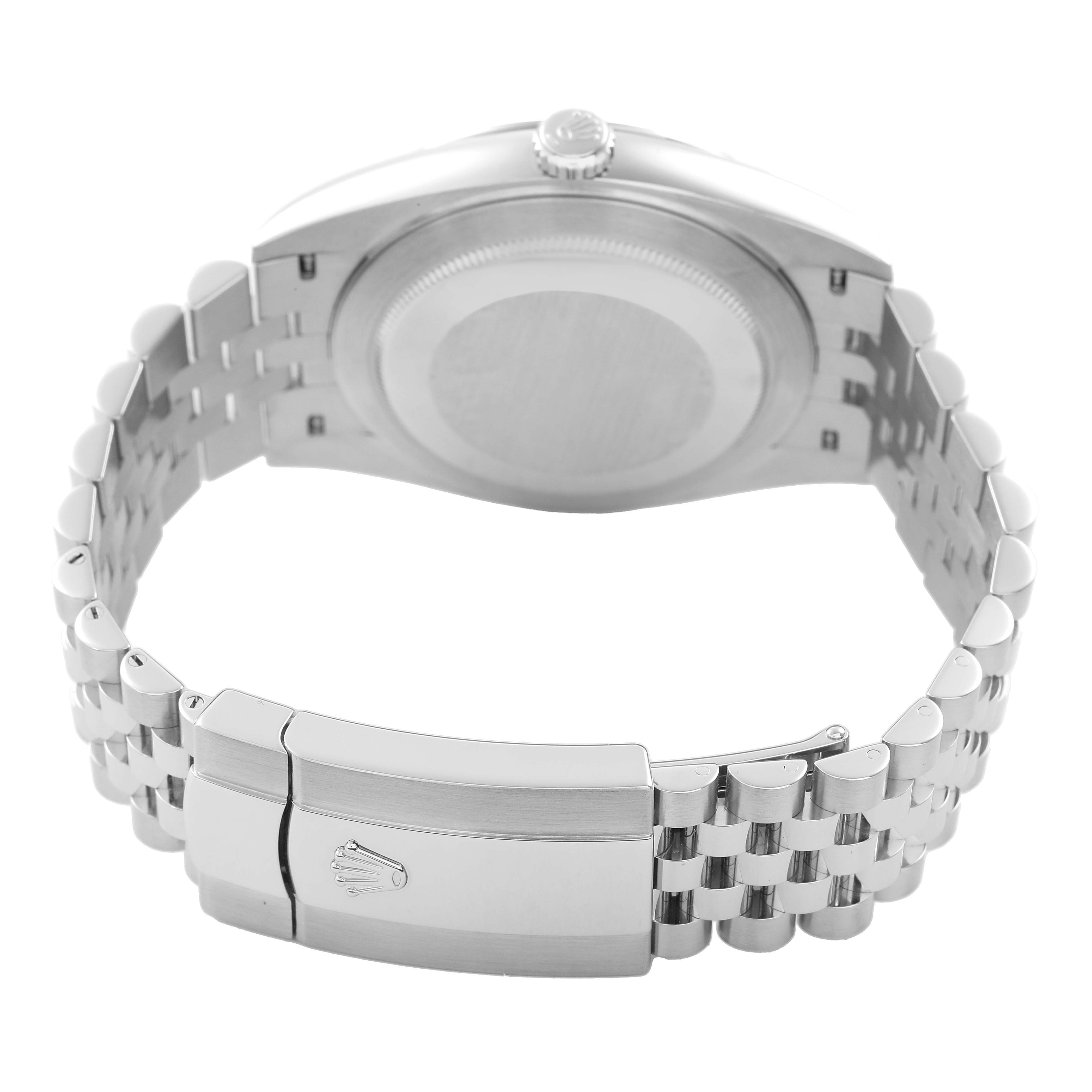 The image shows the back and clasp of a Rolex Datejust 41 M126334-0018 Men's Stainless Steel Black Dial, highlighting its bracelet and crown logo.