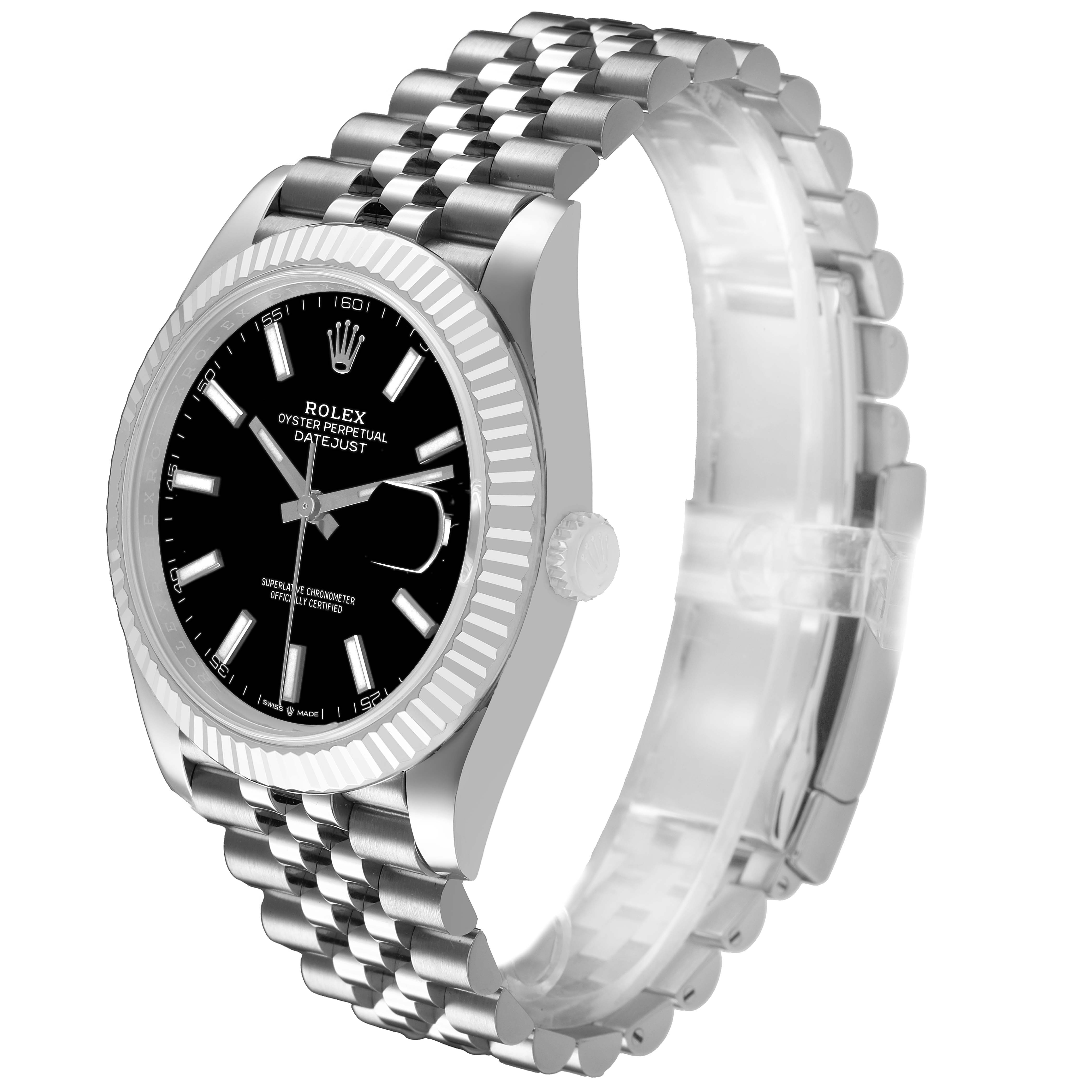The Rolex Datejust 41 M126334-0018 Men's Stainless Steel Black Dial is shown at a three-quarter angle, highlighting the face, fluted bezel, crown, and Jubilee bracelet.