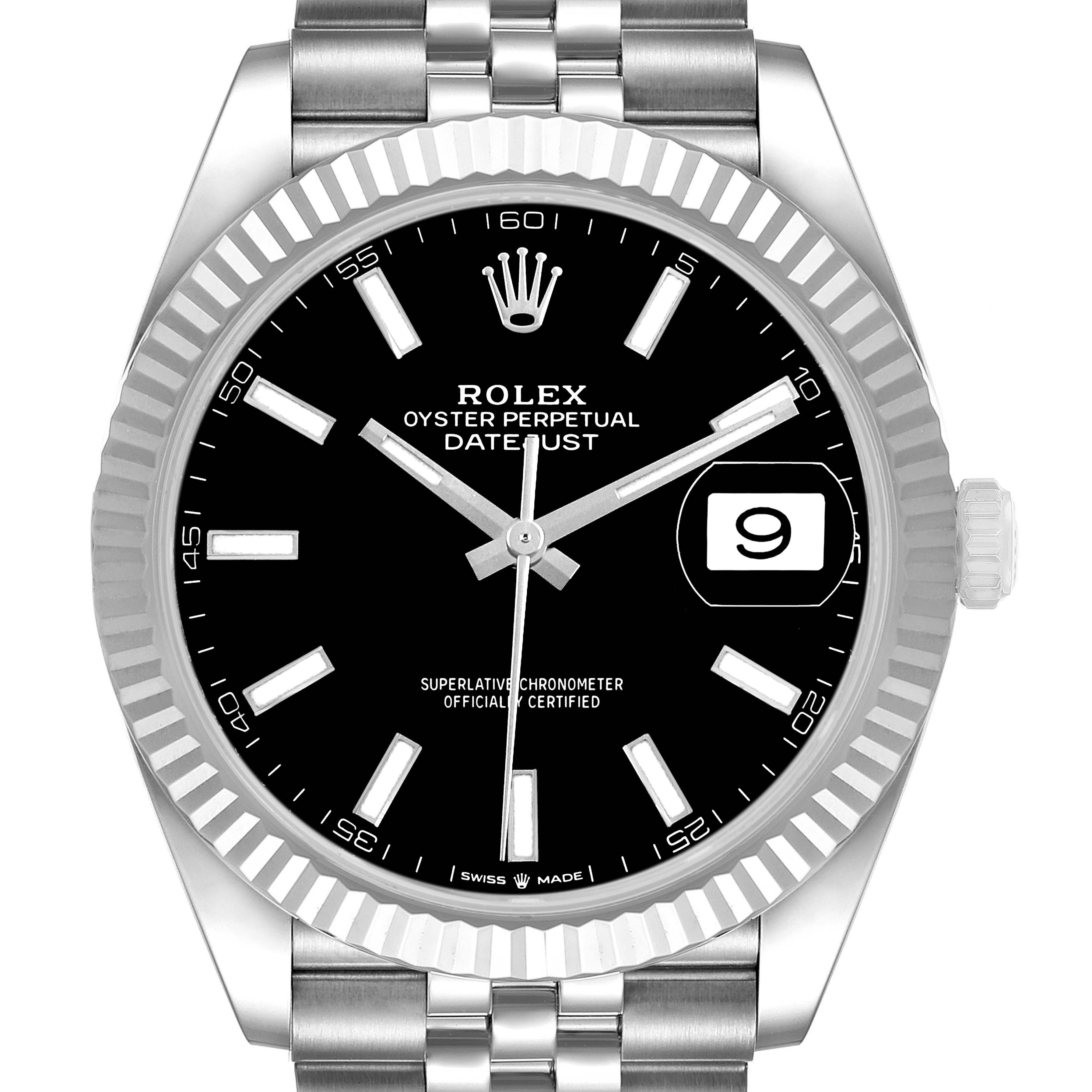The Rolex Datejust 41 M126334-0018 Men's Stainless Steel Black Dial is shown from the front, displaying the black dial, bezel, and part of the bracelet.
