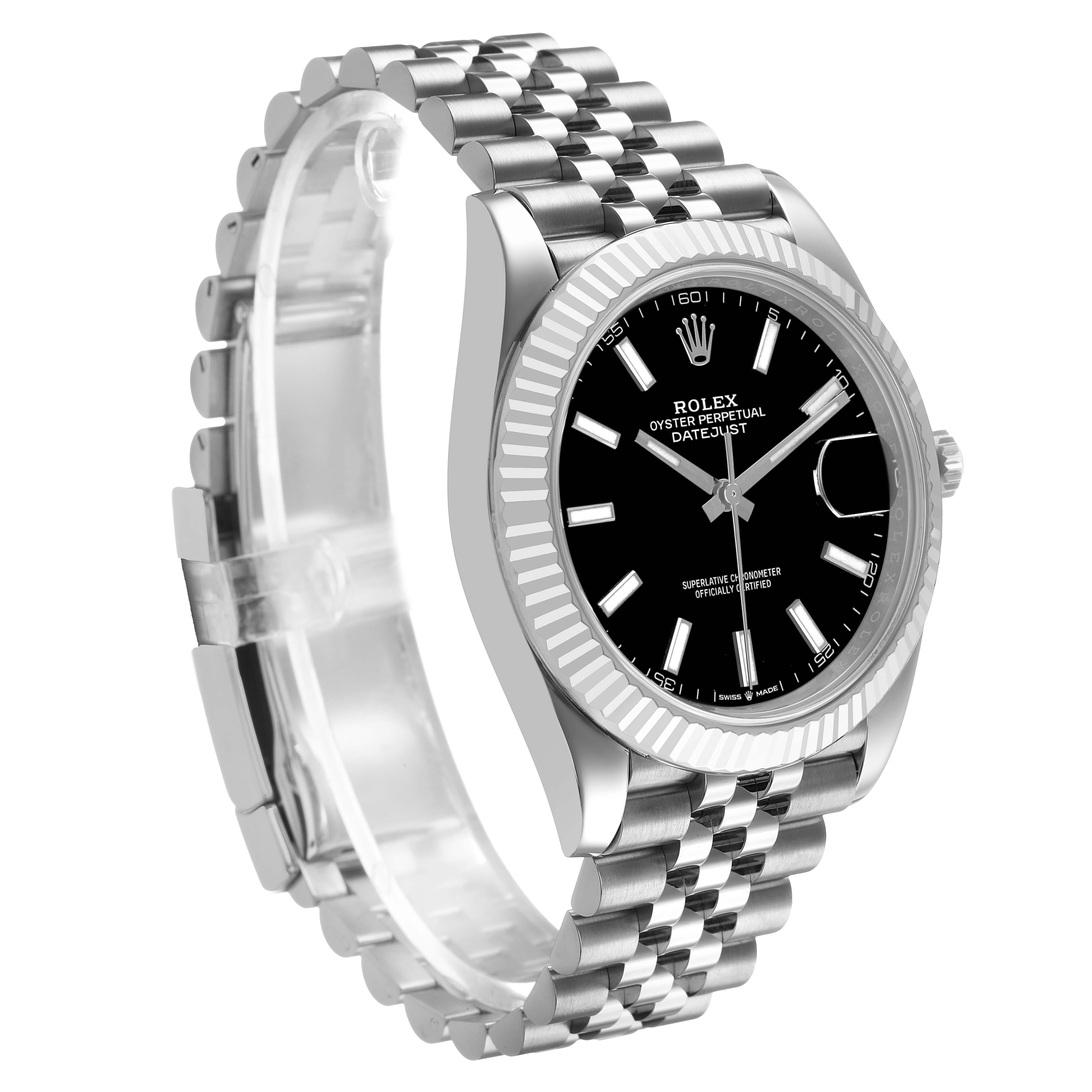 The Rolex Datejust 41 M126334-0018 Men's Stainless Steel Black Dial watch is shown in a three-quarter view, highlighting the face, fluted bezel, and Jubilee bracelet.