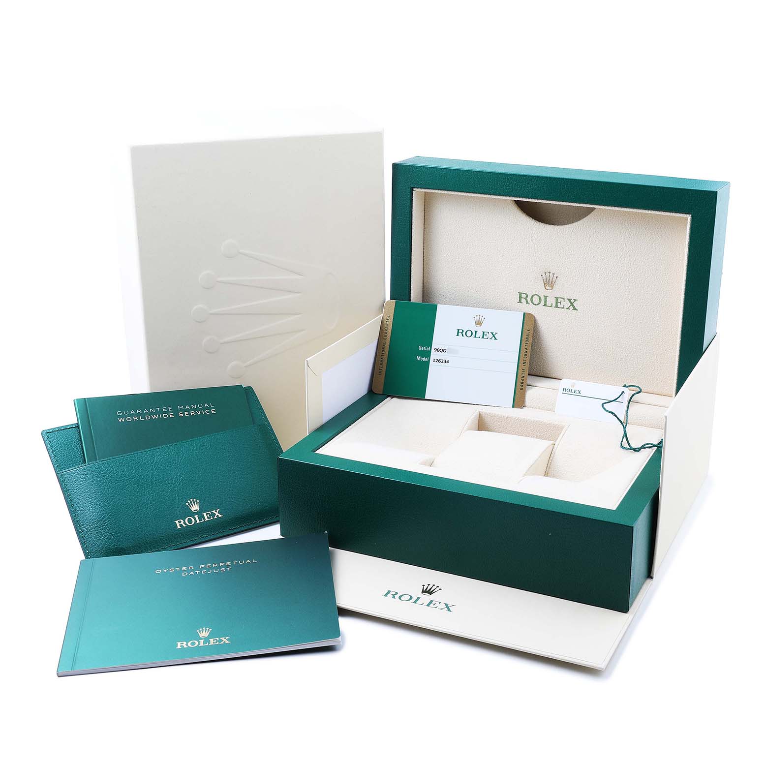 This image shows the packaging and accessories for the Rolex Datejust 41 M126334-0018 Men's Stainless Steel Black Dial, including boxes, manuals, and a warranty card.