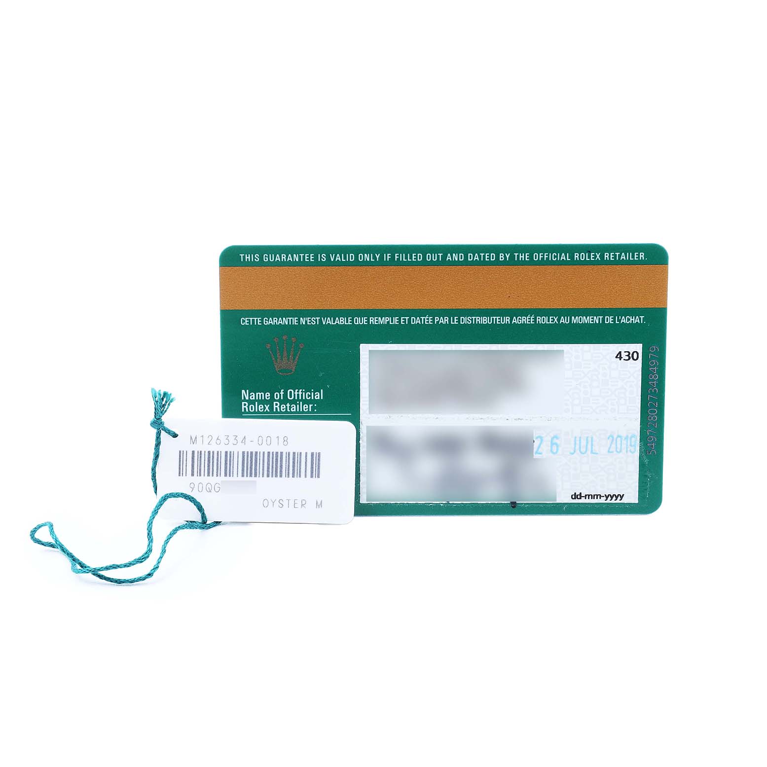 This image shows the warranty card and tag for a Rolex Datejust 41 M126334-0018 Men's Stainless Steel Black Dial model.