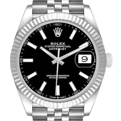 The Rolex Datejust 41 M126334-0018 Men's Stainless Steel Black Dial watch is shown from a front view, highlighting the face, bezel, bracelet, and crown.