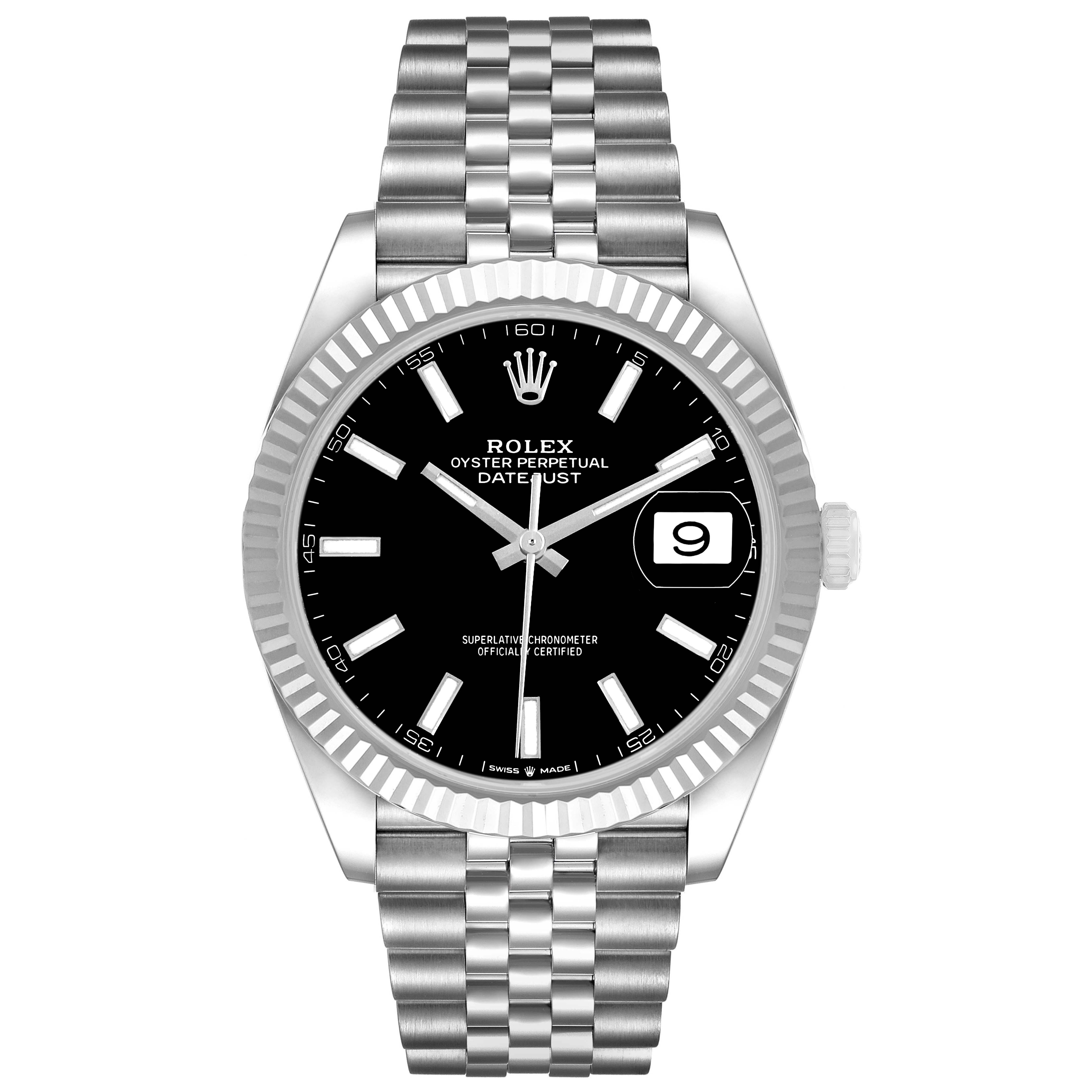 The Rolex Datejust 41 M126334-0018 Men's Stainless Steel Black Dial is shown from a front angle, highlighting the dial, fluted bezel, and Jubilee bracelet.