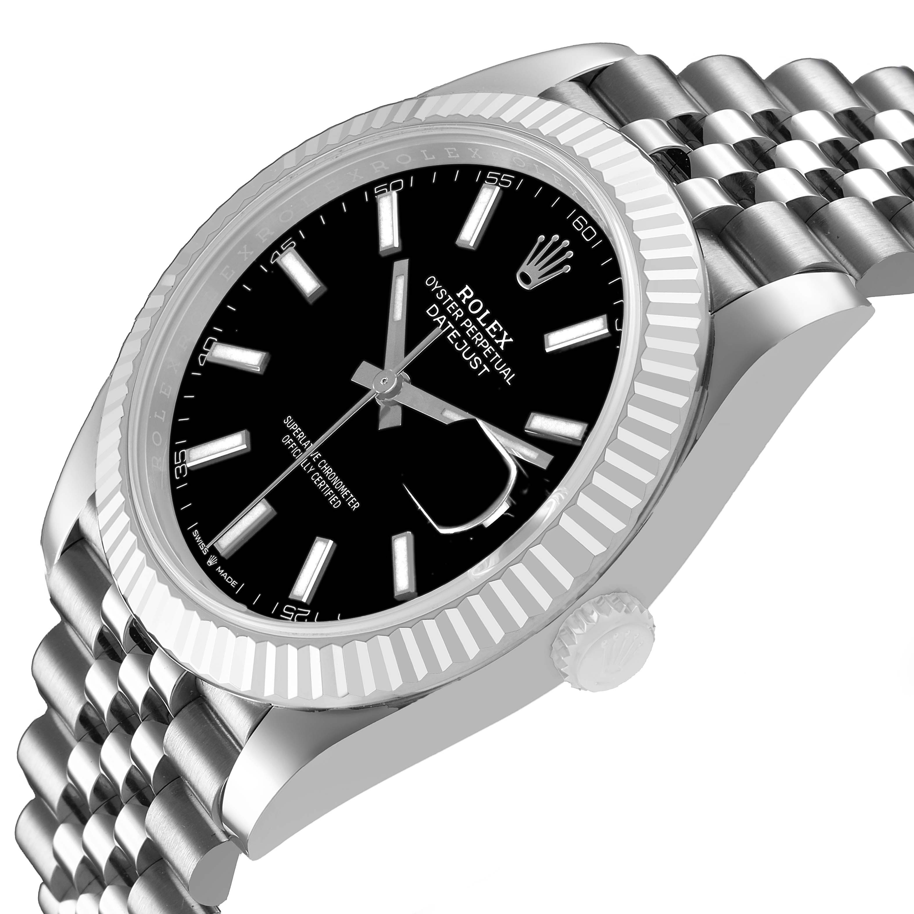 The Rolex Datejust 41 M126334-0018 Men's Stainless Steel Black Dial is shown at a slightly angled side view, highlighting the bezel, face, and jubilee bracelet.