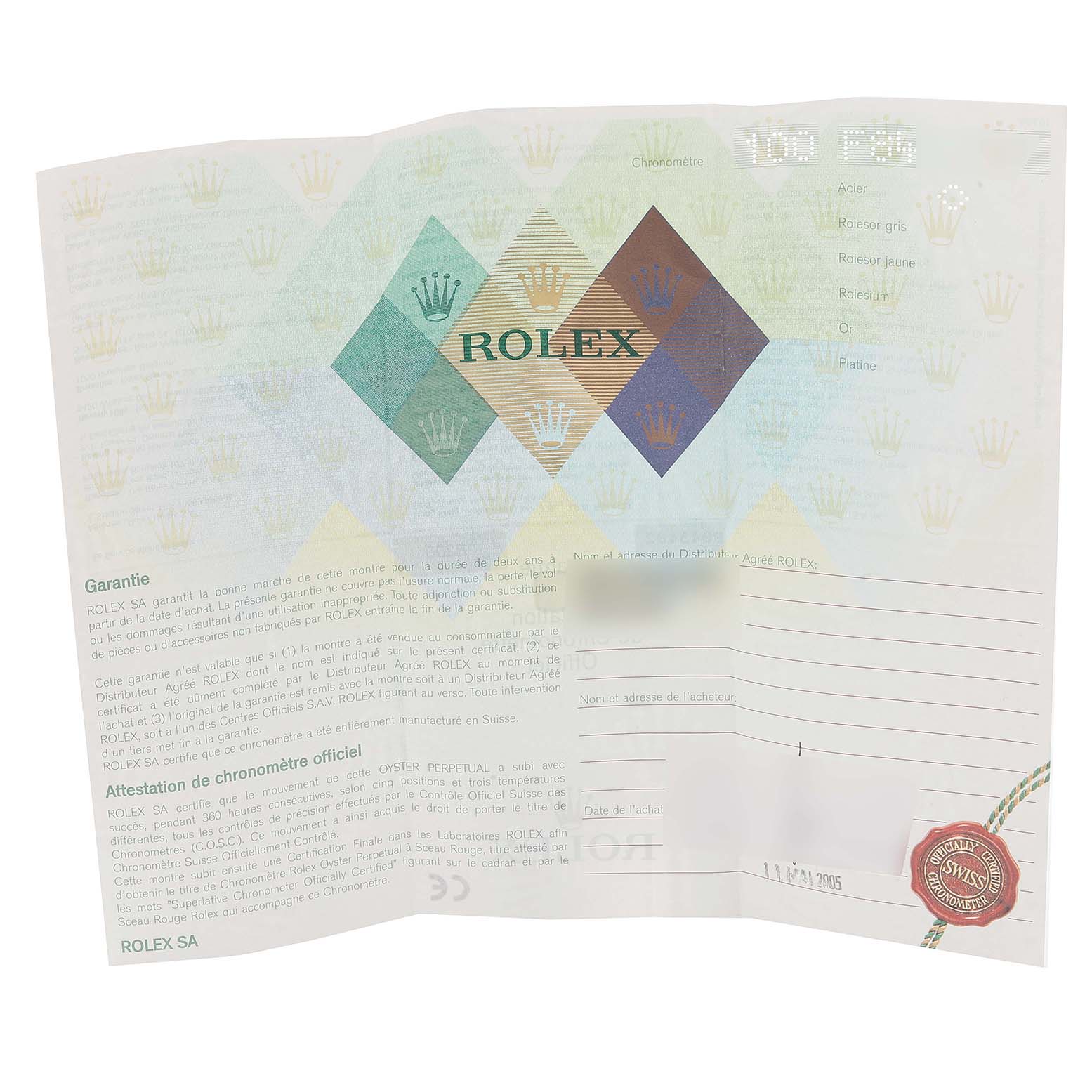 This image shows the warranty certificate for a Rolex Datejust 16200 Men's Stainless Steel Blue Dial 16200 Men's Stainless Steel Blue Dial watch.