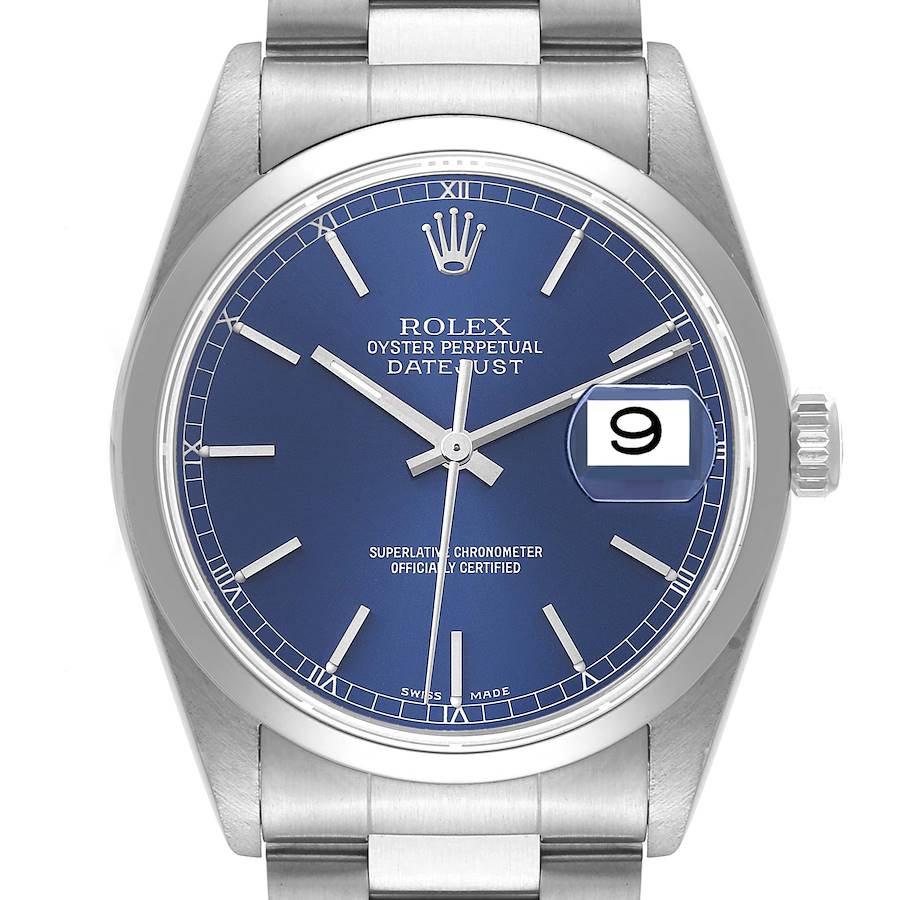 Rolex Datejust Blue Dial Smooth Bezel Steel Mens Watch 16200 Box Papers SwissWatchExpo