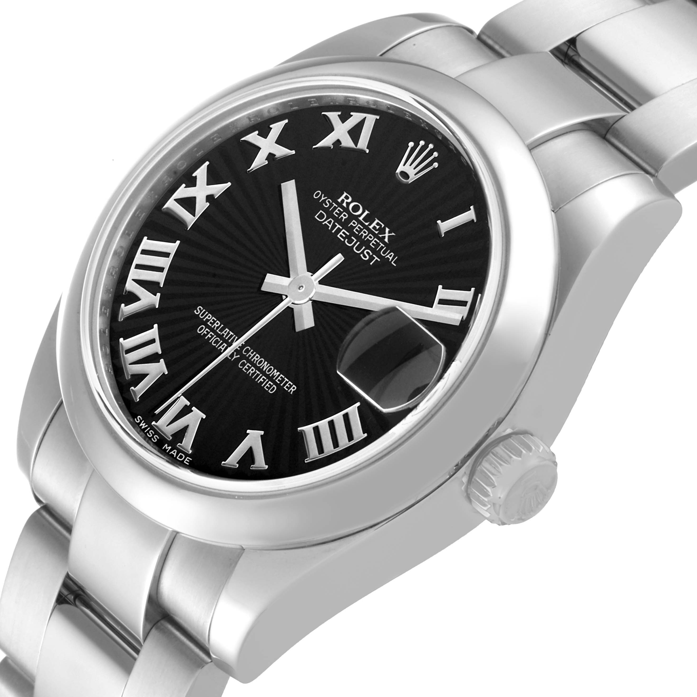 The image shows a Rolex Datejust Mid-Size watch from a tilted angle, highlighting the dial, bezel, and part of the bracelet.