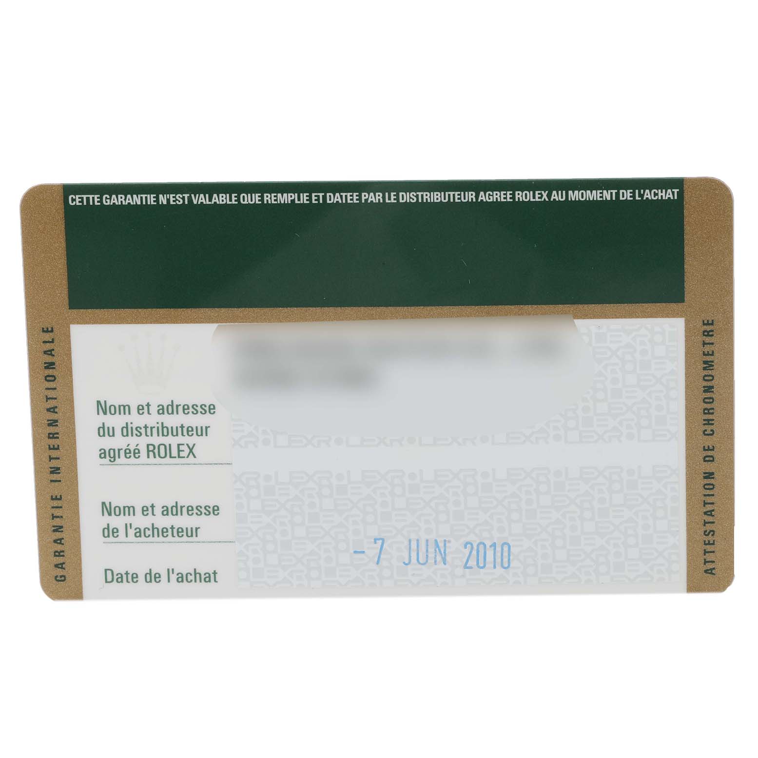 This is the guarantee card for a Mid-Size Rolex watch, showcasing details like the dealer's name, purchaser's name, and purchase date.
