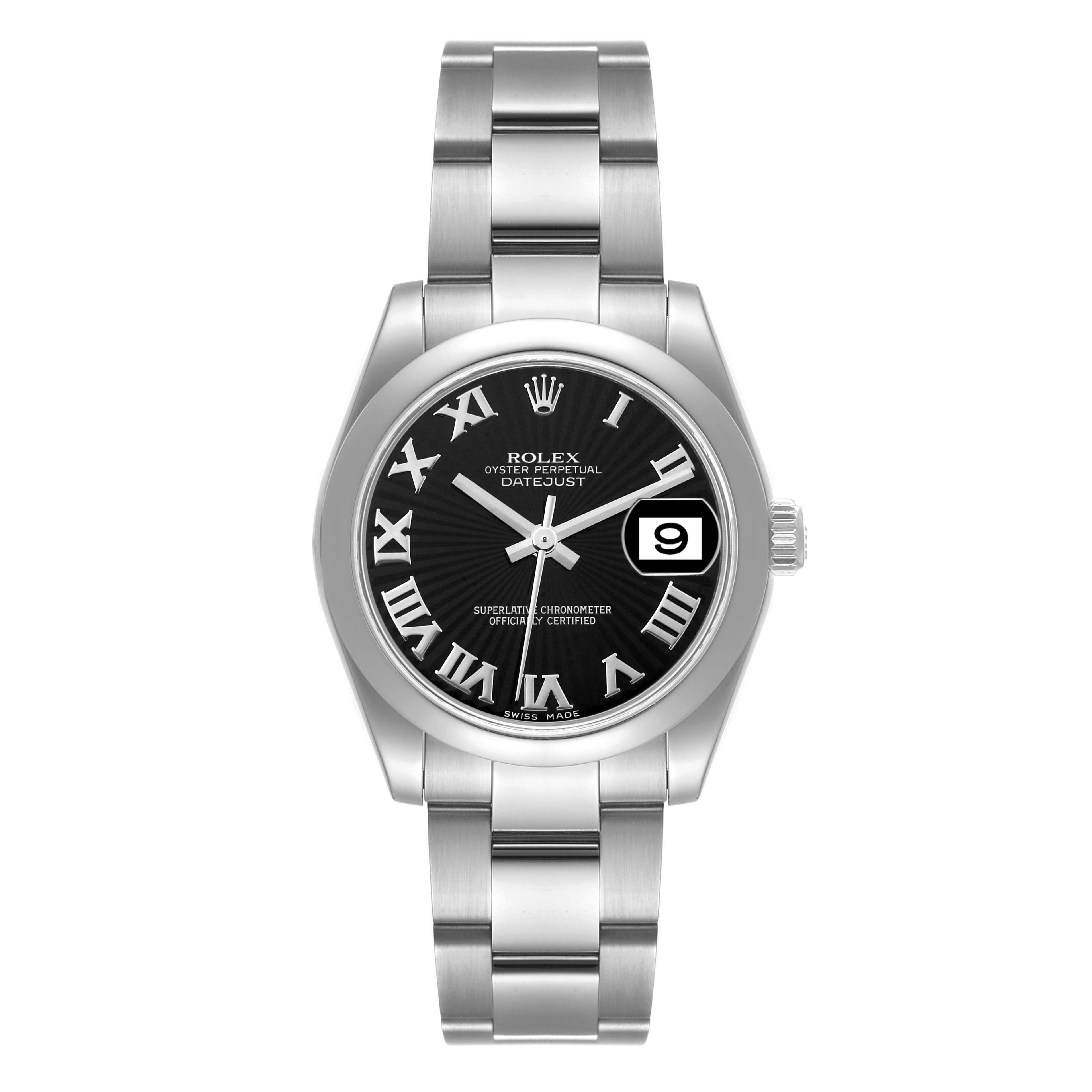 This image shows a front view of a Rolex Mid-Size 178240 Women's Stainless Steel Black Dial 178240 Women's Stainless Steel Black Dial Datejust watch, displaying its face, bezel, and bracelet.