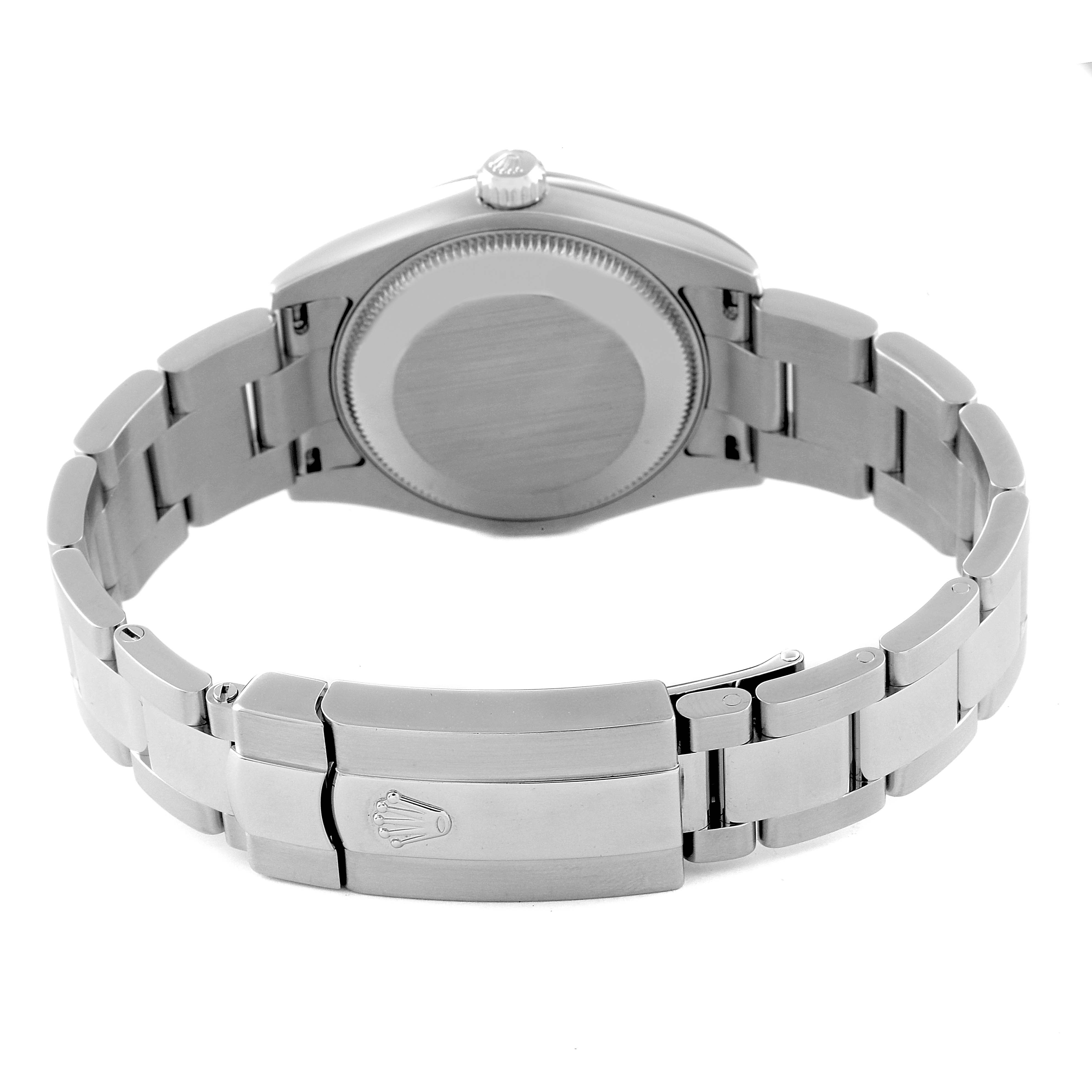 The image shows the back view of a Rolex Mid-Size 178240 Women's Stainless Steel Black Dial 178240 Women's Stainless Steel Black Dial model, highlighting the case back and clasp with the Rolex logo.