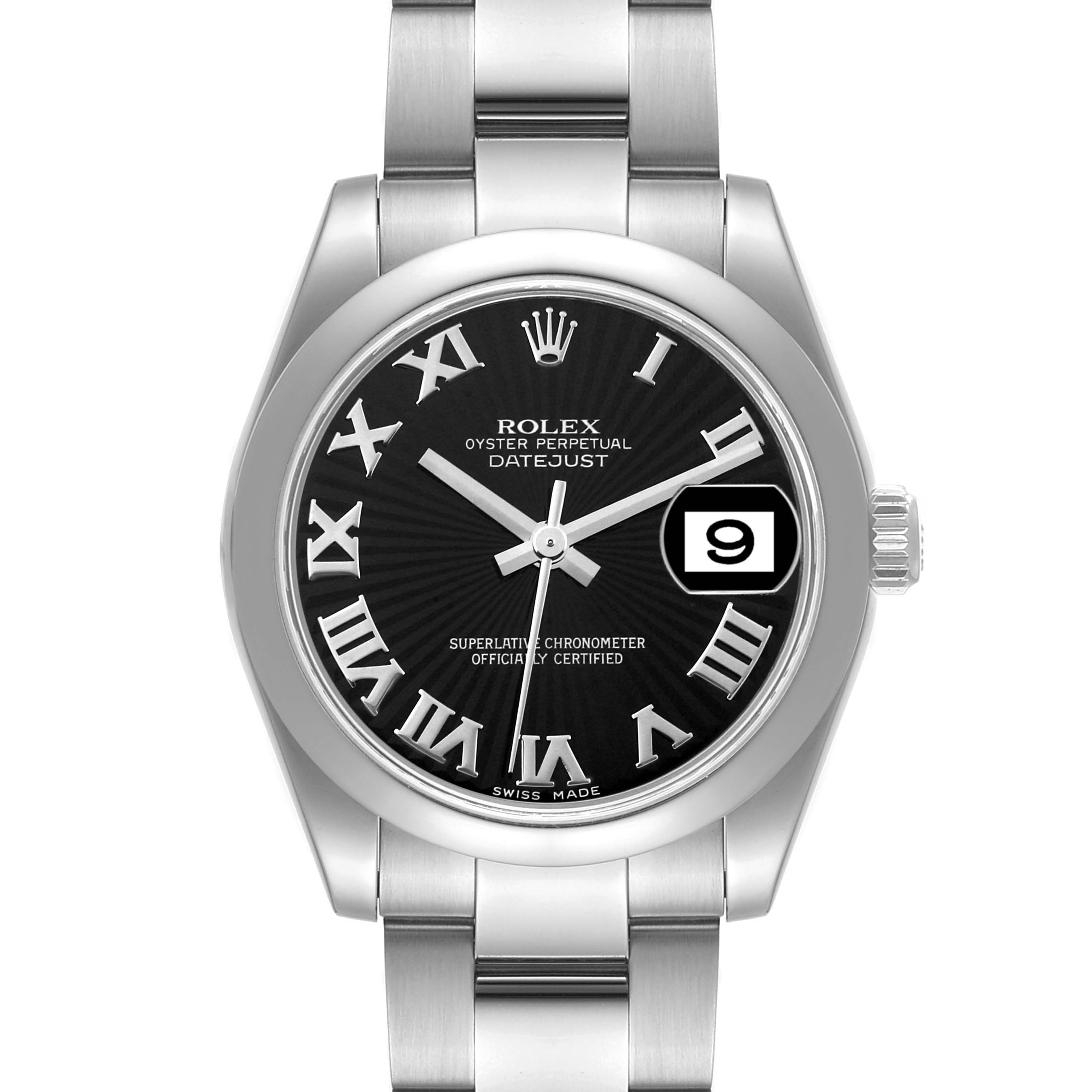 The image shows a front view of the Rolex Oyster Perpetual Datejust Mid-Size watch with a black dial and Roman numerals.
