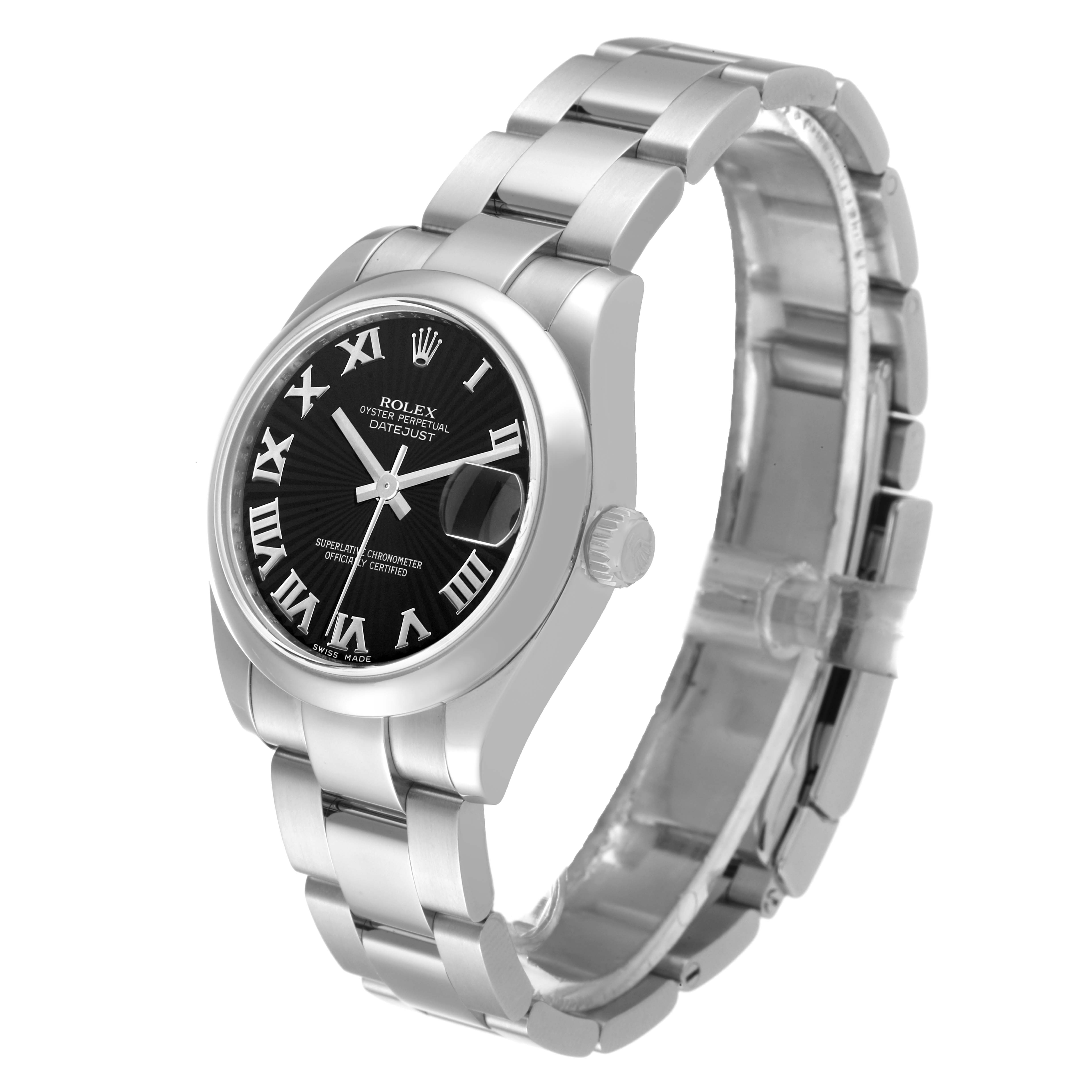 The Rolex Mid-Size 178240 Women's Stainless Steel Black Dial 178240 Women's Stainless Steel Black Dial Datejust watch is shown from a three-quarter angle, highlighting the face, bezel, crown, and bracelet.